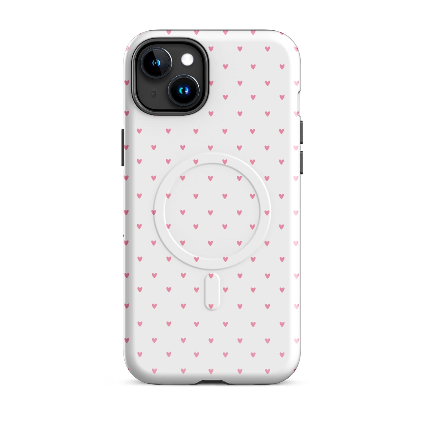 Magnetic Phone Case for iPhone with heart-dot pattern, featuring pink hearts on a white background, combining style and functionality.