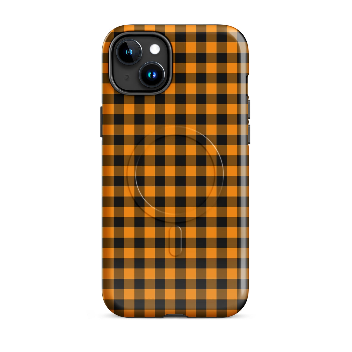Magnetic Phone Case with black-and-orange gingham pattern for iPhone, Autumn theme, stylish and durable.