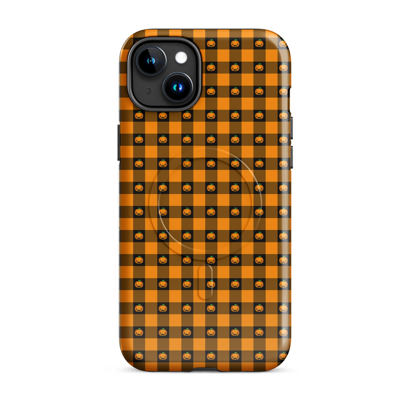 Magnetic Phone Case for iPhone with Halloween pumpkin gingham pattern, featuring jack-o’-lantern faces. Perfect Halloween accessory.