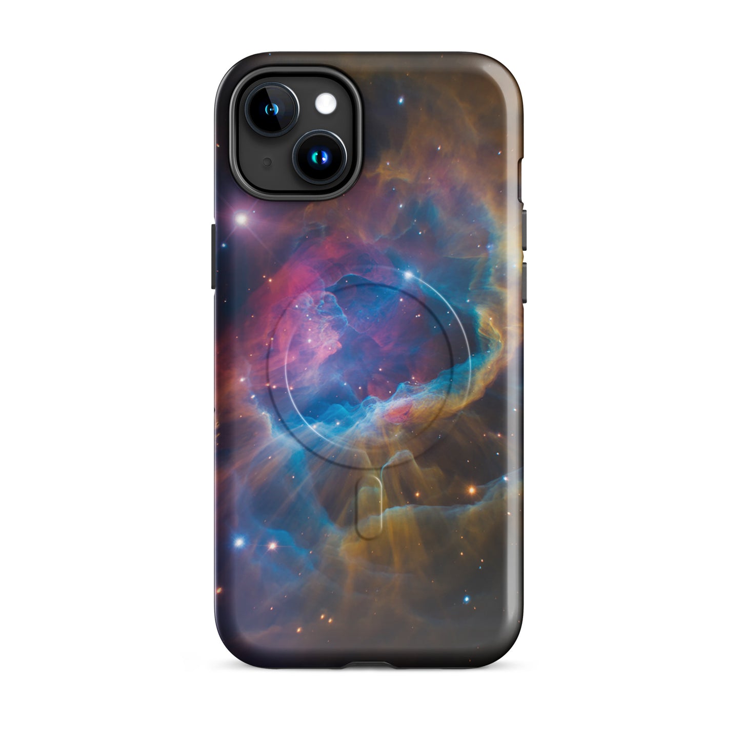 Magnetic Phone Case for iPhone with nebula design in electric blues, fiery oranges, and pinks, cosmic accessory.
