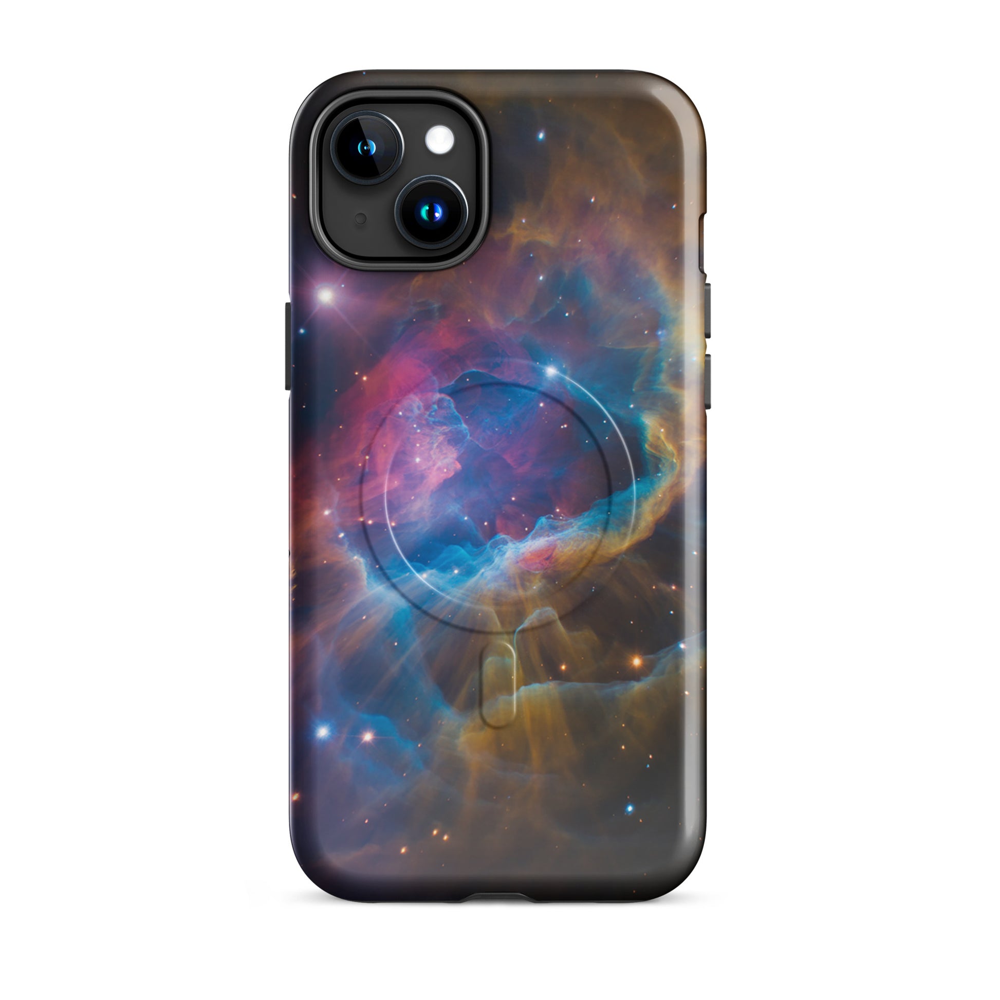 Magnetic Phone Case for iPhone with nebula design in electric blues, fiery oranges, and pinks, cosmic accessory.