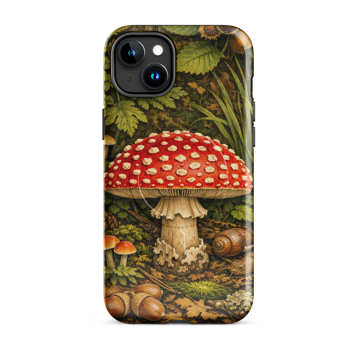Magnetic Phone Case featuring Amanita Muscaria Mushroom design for iPhone with vibrant forest scenery.