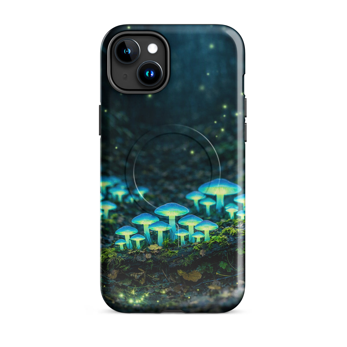 Magnetic Phone Case featuring bioluminescent forest mushrooms with ethereal blue-green glow for iPhone.