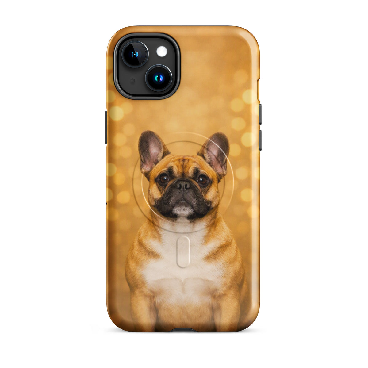 Magnetic Phone Case featuring French Bulldog portrait against golden bokeh background for iPhone