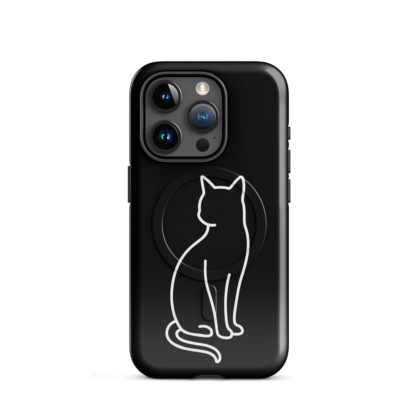 Magnetic Phone Case featuring a stylish minimalist cat design on a sleek black background for iPhone users.