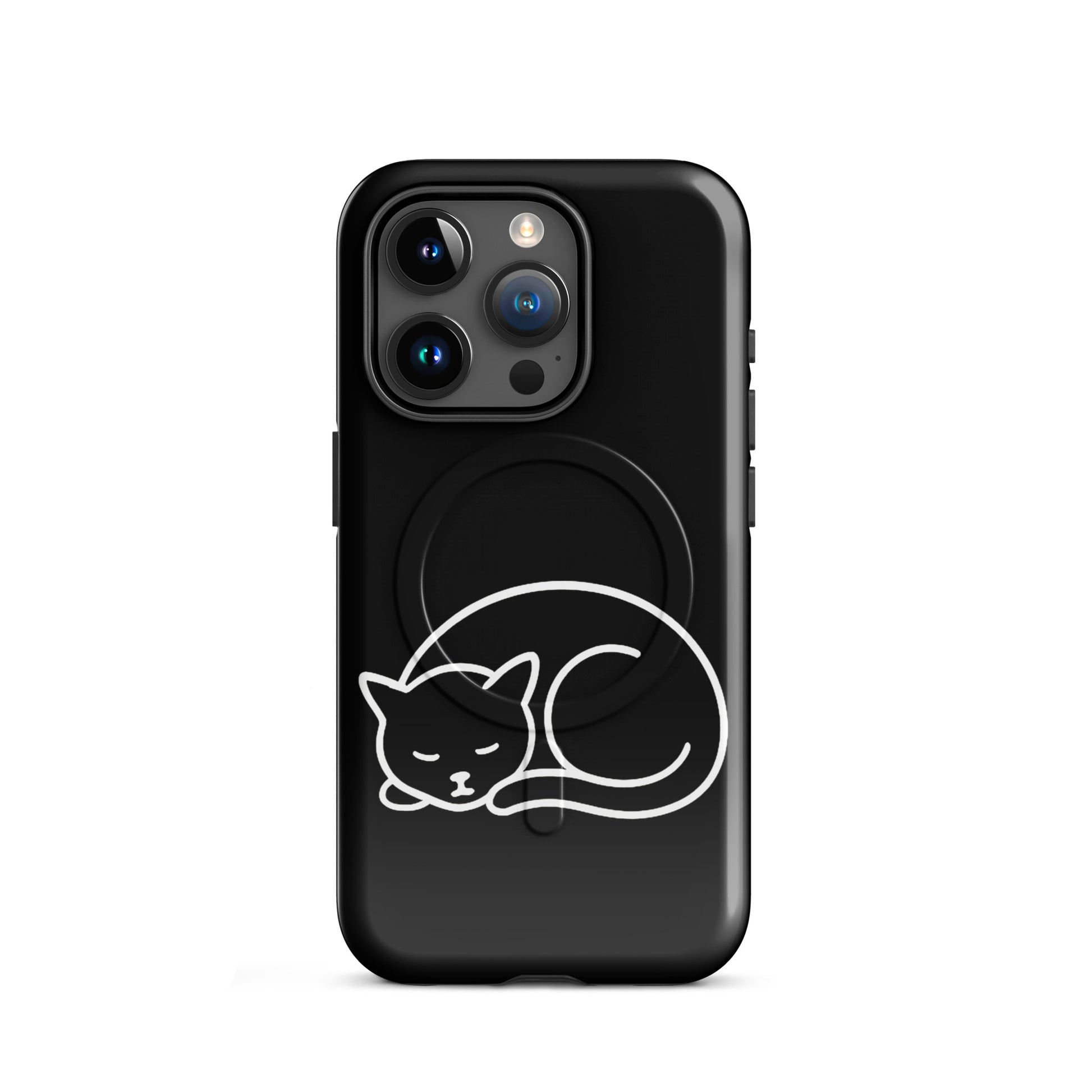 Magnetic Phone Case for iPhone featuring a minimalist curled-up cat design on a black background.