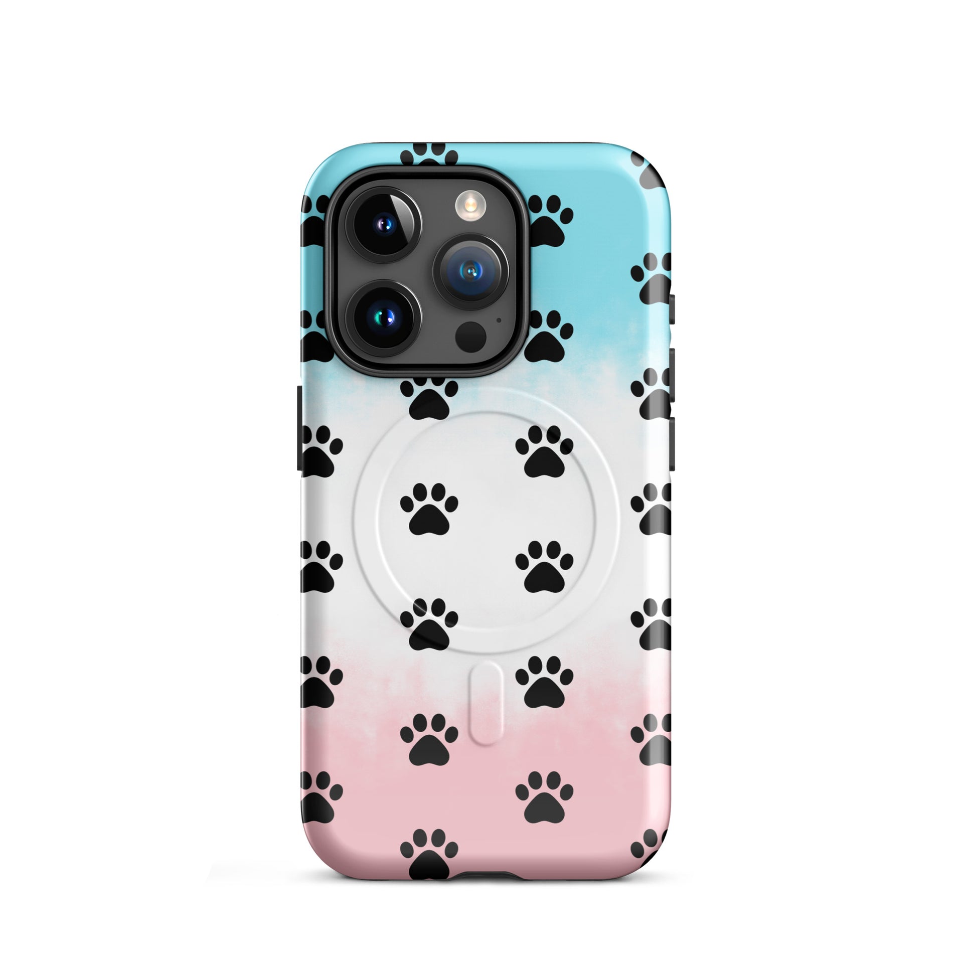 Magnetic Phone Case featuring a playful paw print design for pet lovers in blue and pink.