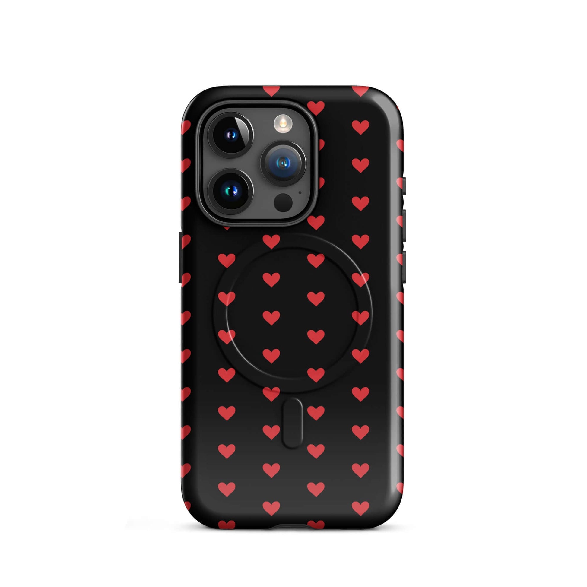Magnetic Phone Case featuring fiery red hearts against a black background, designed for iPhone protection.