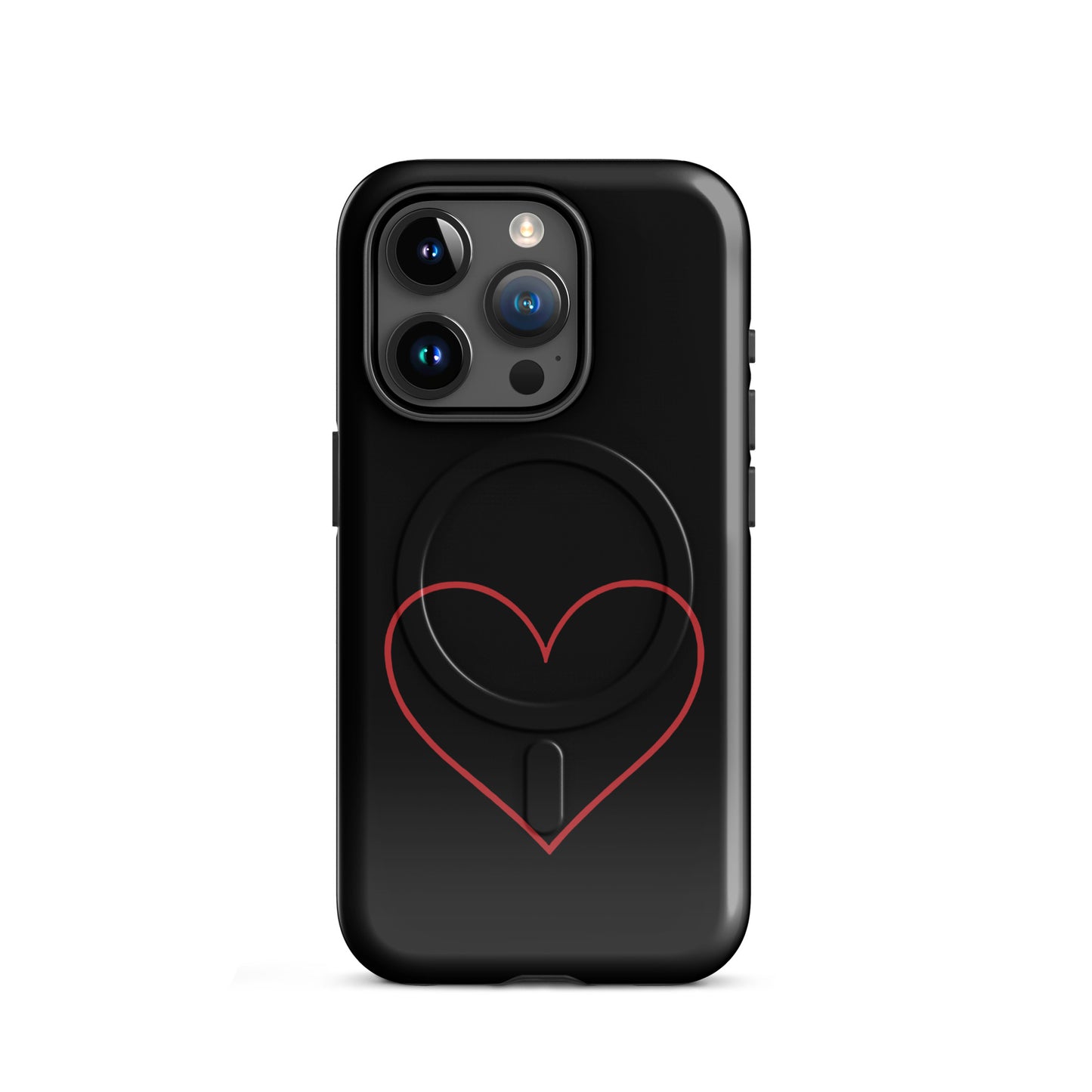 Magnetic Phone Case featuring a minimalist crimson heart design on a sleek black background.
