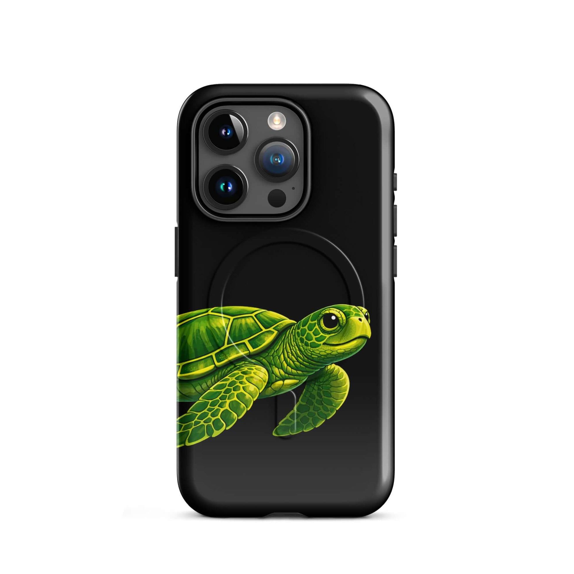 Magnetic Phone Case for iPhone with vibrant sea turtle design on sleek black background.