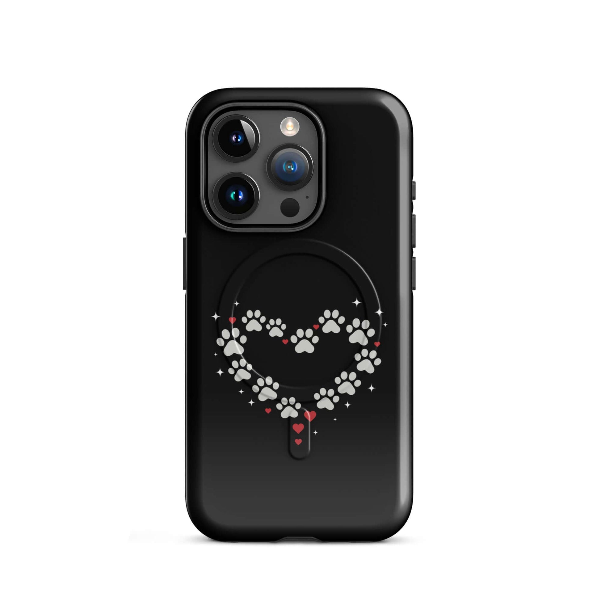 Magnetic Phone Case with paw-print heart design on a black backdrop for iPhone.