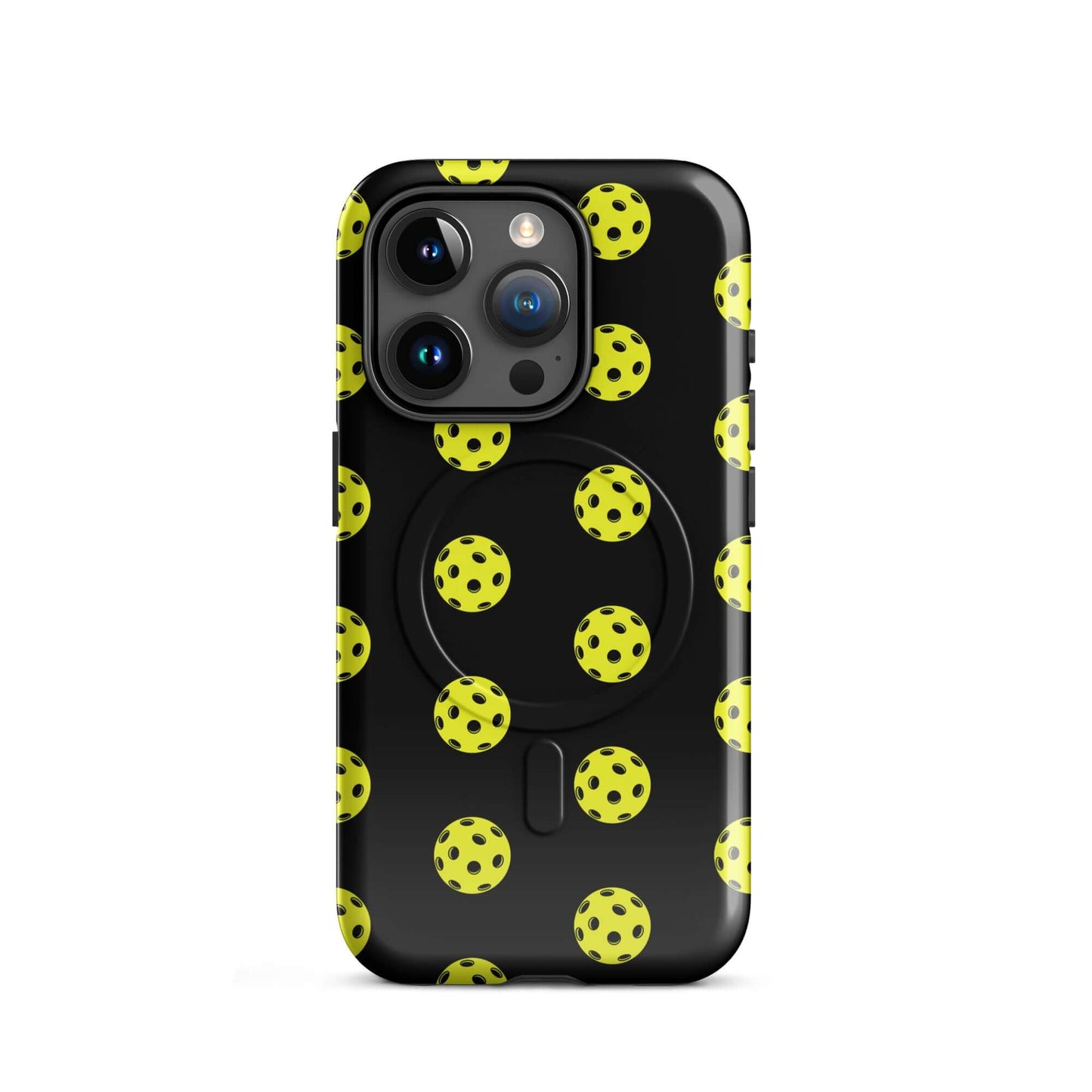 Magnetic Phone Case featuring a playful pickleball pattern on a sleek black background
