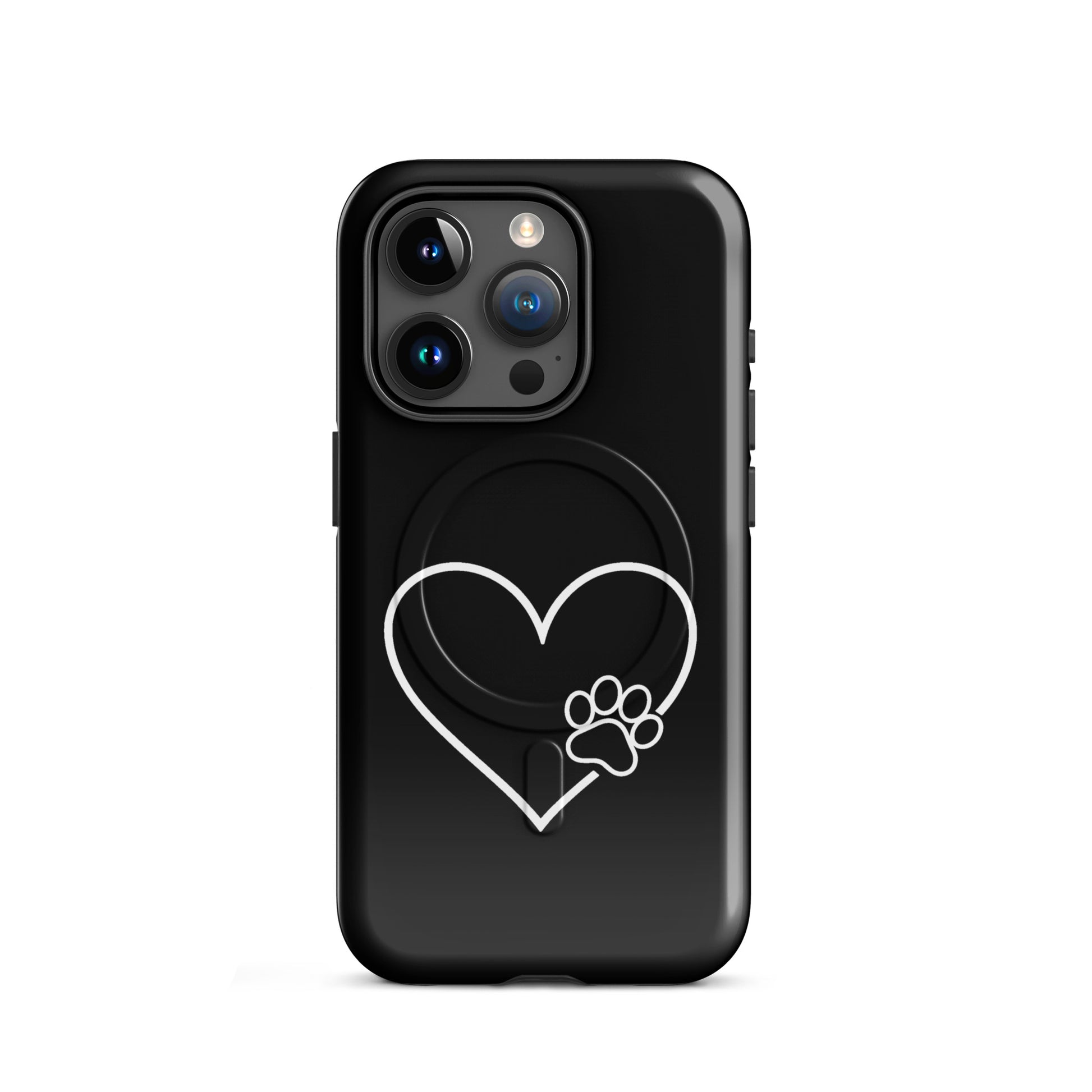 Magnetic Phone Case for iPhone with heart and paw print design, black cover for pet lovers.