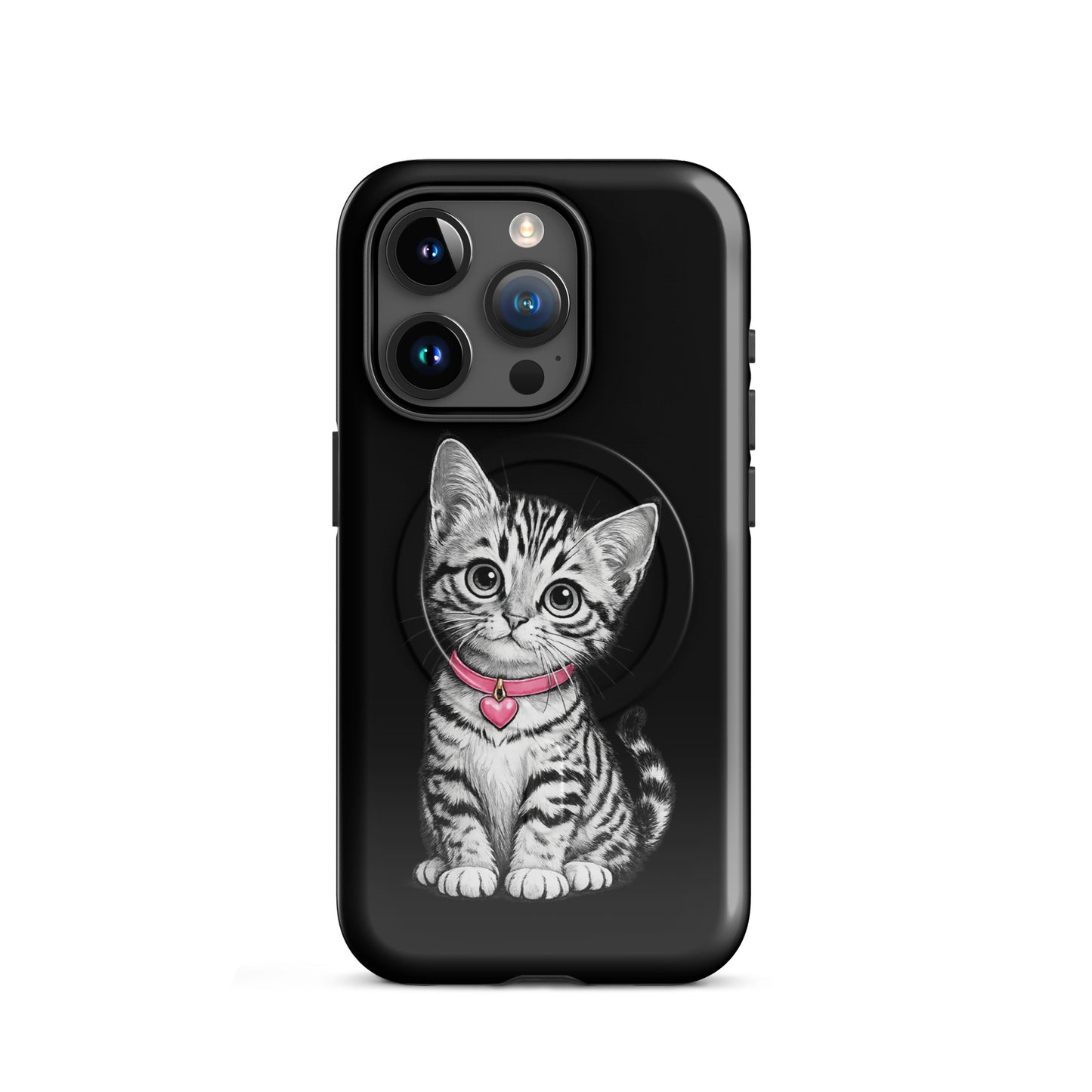Magnetic Phone Case for iPhone with pencil-sketch kitten, pink collar, and heart charm design.