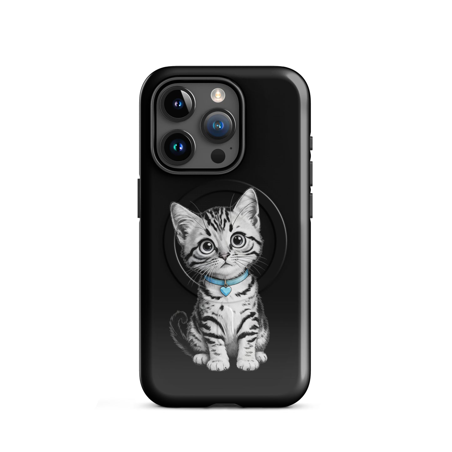 Magnetic Phone Case for iPhone with kitten design, featuring a blue collar and heart charm.