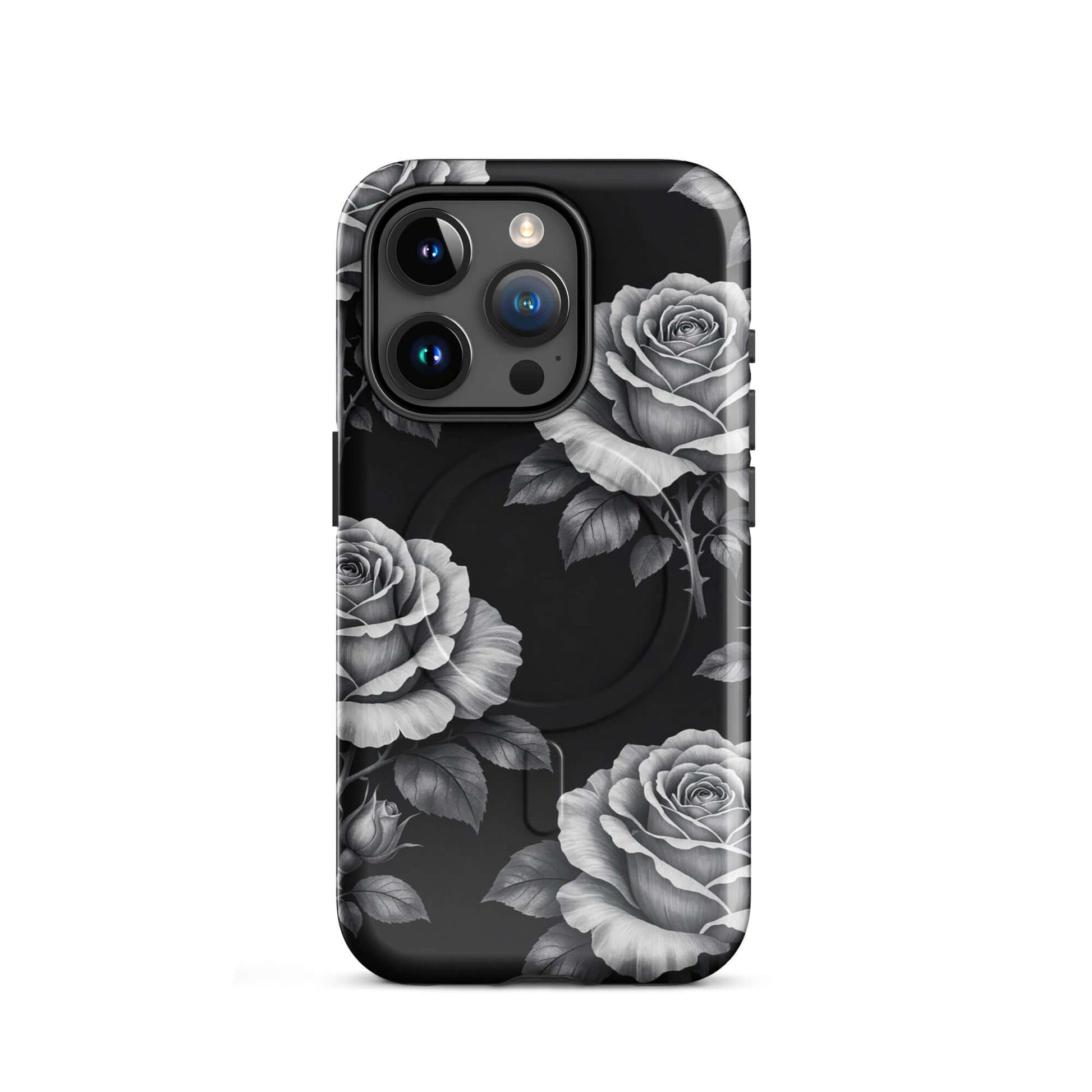 Magnetic Phone Case for iPhone with rose garden design, featuring hand-sketched roses on a black background for a floral and elegant look.