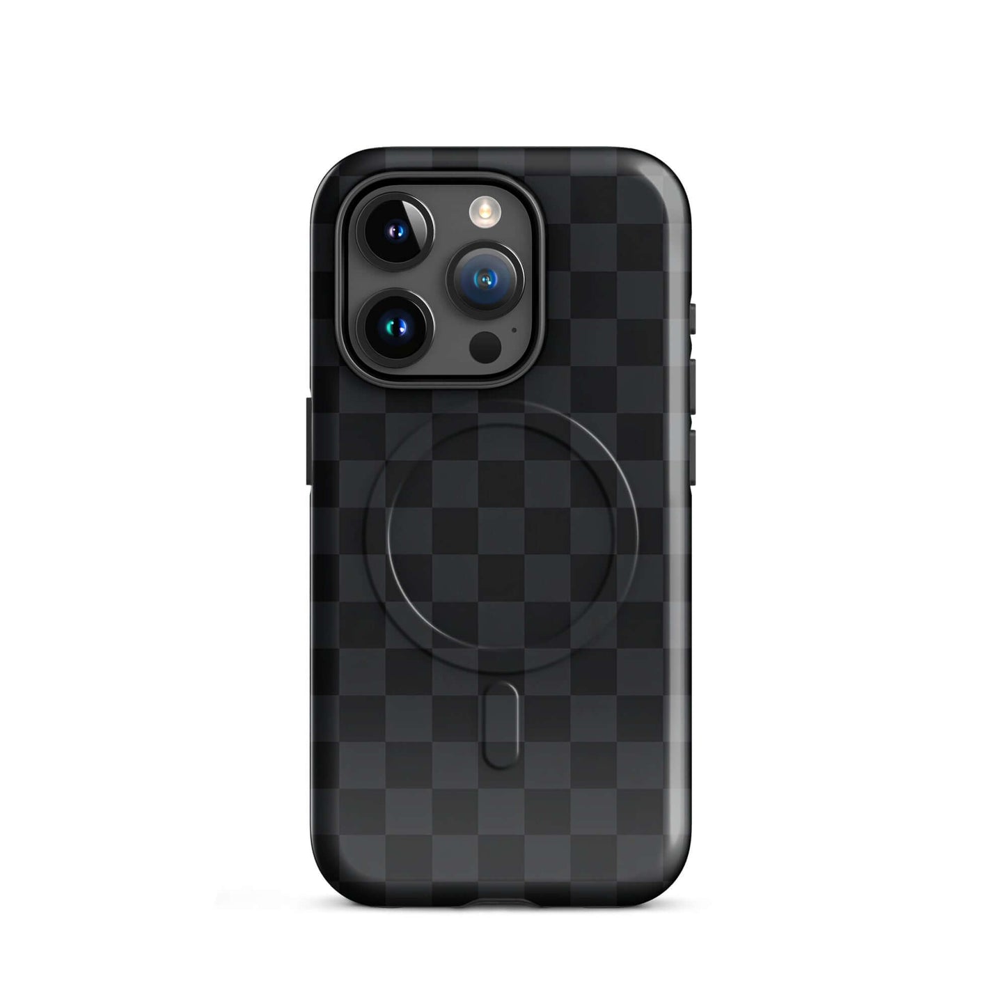 Magnetic Phone Case for iPhone with black and charcoal checkered design, sleek protection, modern style