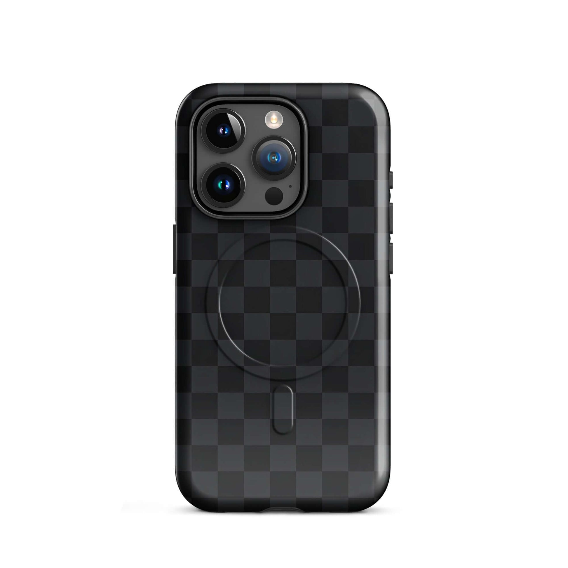 Magnetic Phone Case for iPhone with black and charcoal checkered design, sleek protection, modern style