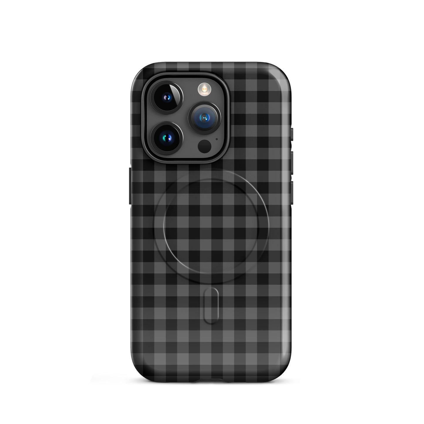 Magnetic Phone Case for iPhone with black-and-charcoal gingham pattern, offering chic design and durability.