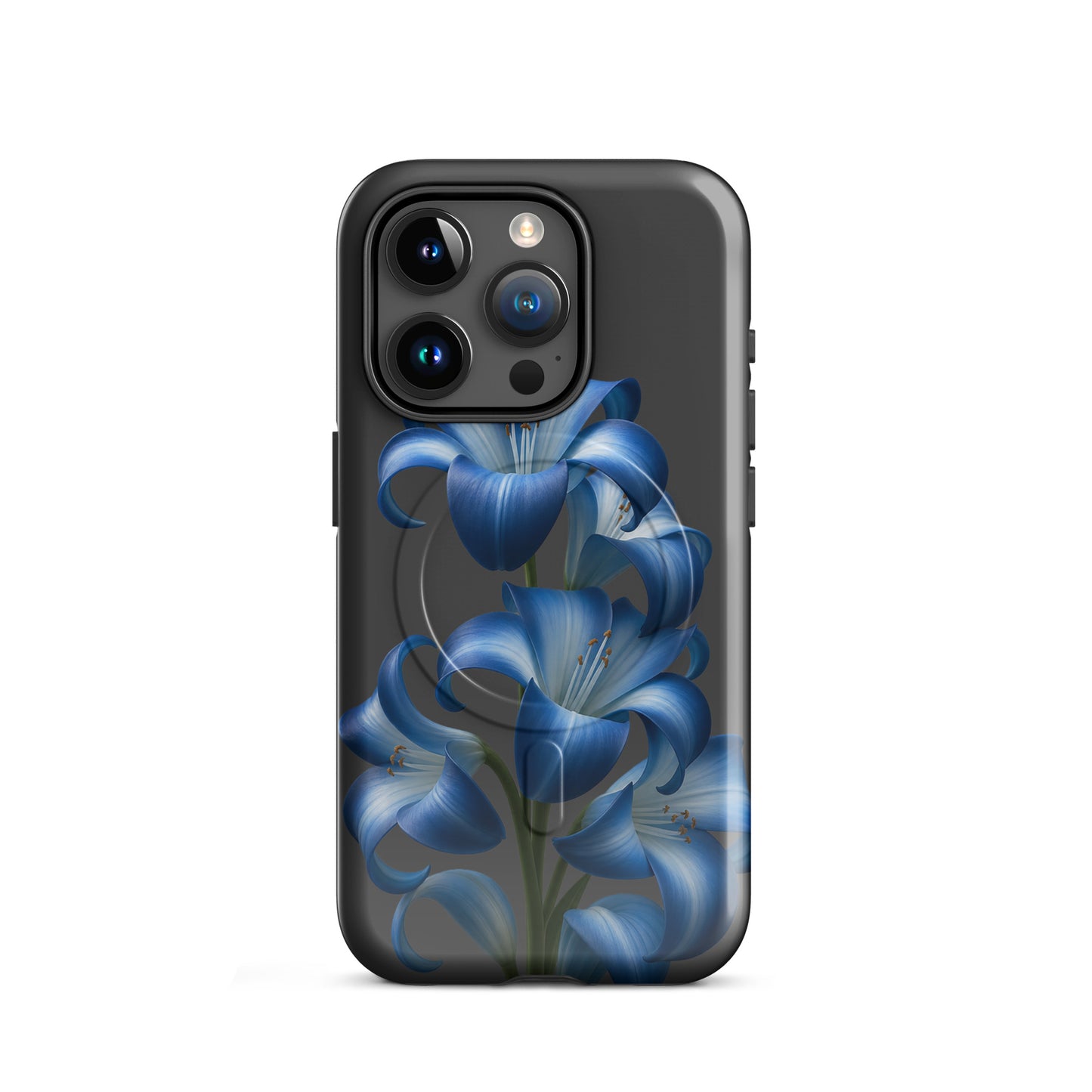 Magnetic Phone Case with Blue Lily Bloom Art for iPhone, offers stylish protection with blue floral design on dark background.