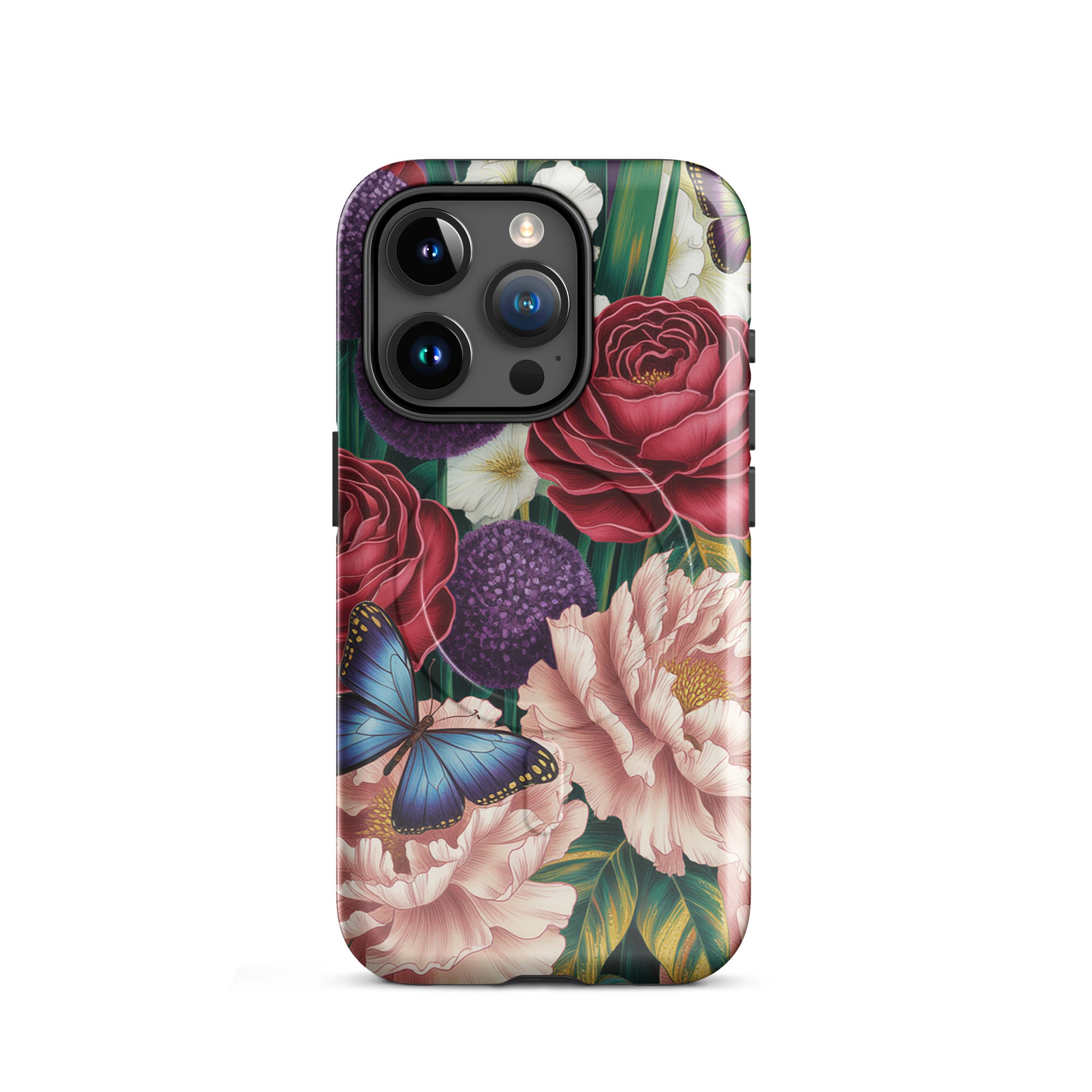 Magnetic Phone Case for iPhone with botanical design of vivid roses, peonies, alliums, foliage, and butterflies.
