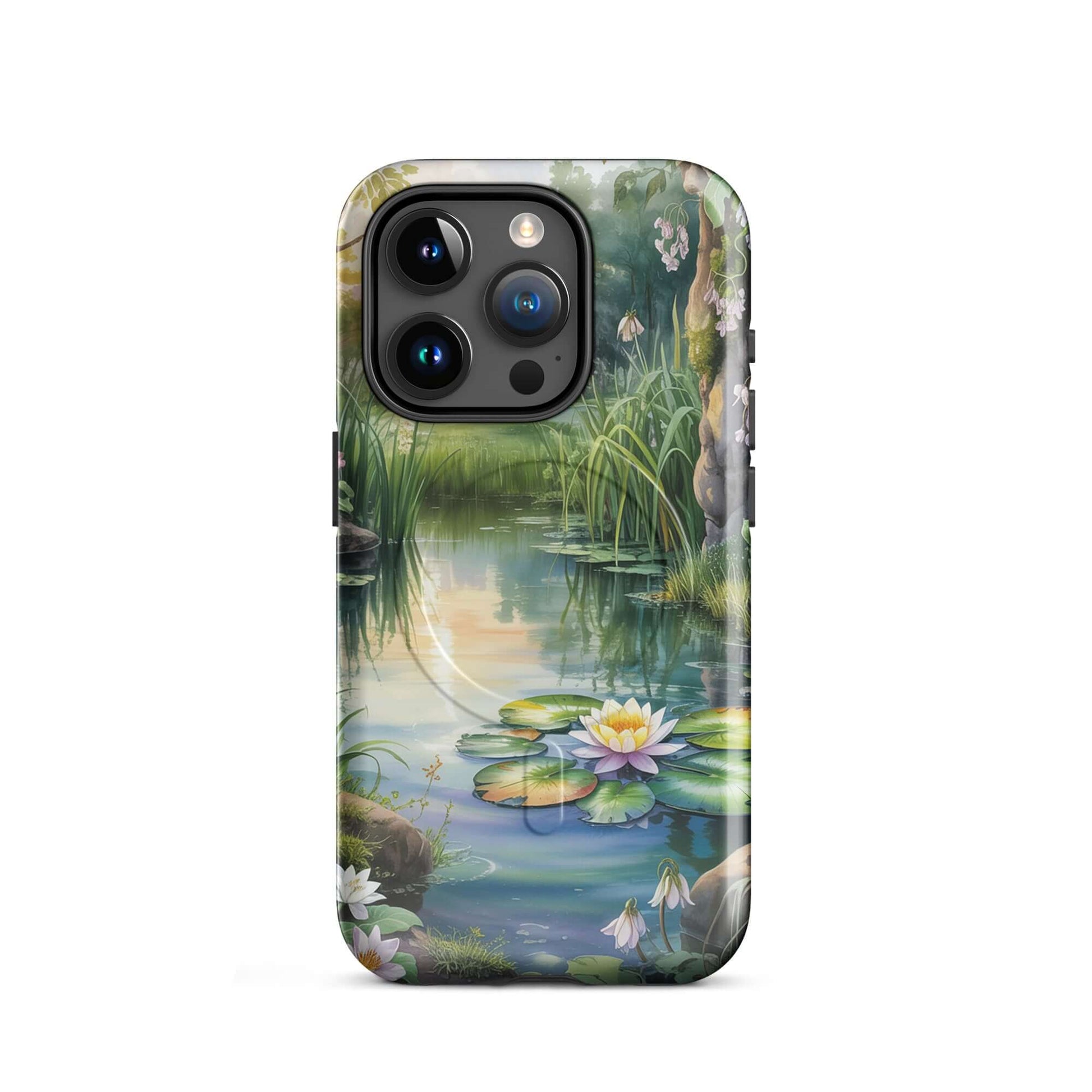 Magnetic Phone Case for iPhone featuring enchanted pond design with lily pads and wildflowers, idyllic for nature lovers.