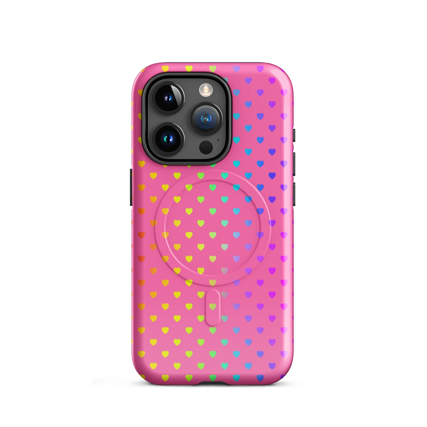 Magnetic Phone Case for iPhone with pink rainbow heart design offering style and protection.