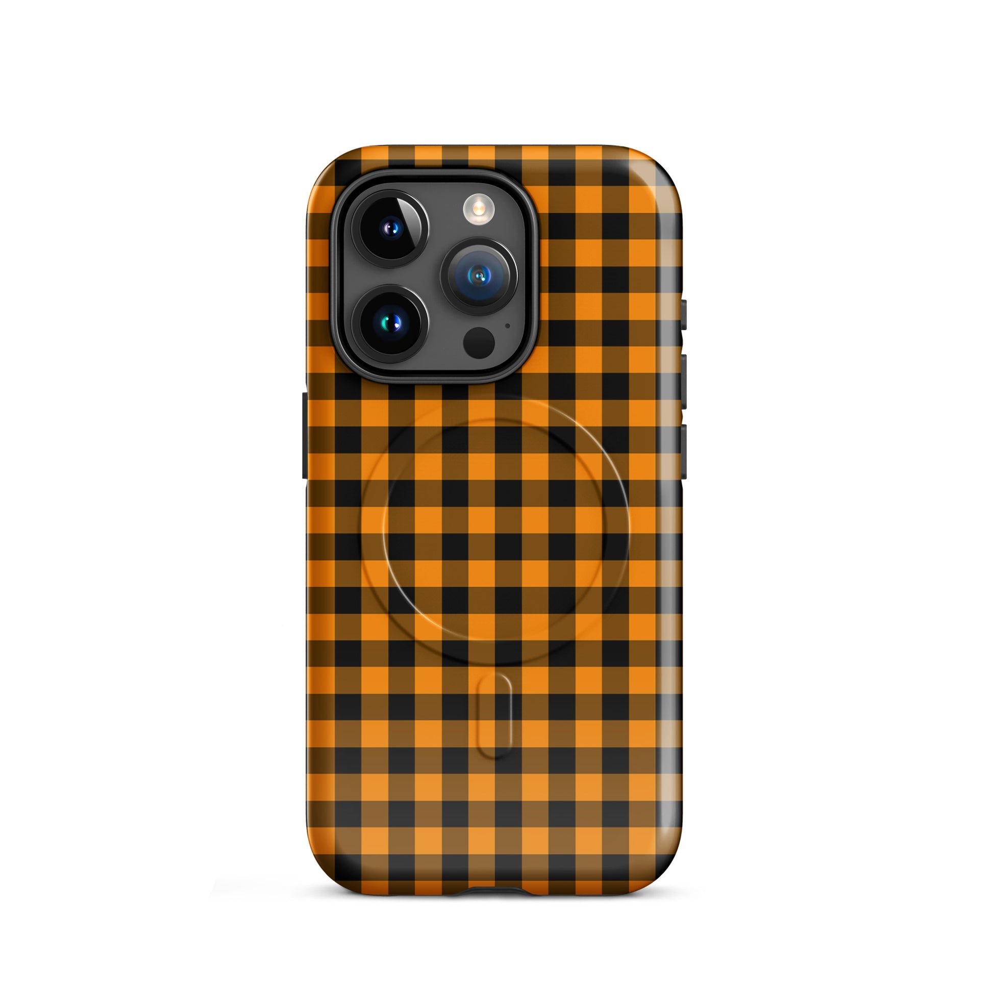 Magnetic Phone Case with black-and-orange gingham pattern, chic autumn design for iPhone, durable and stylish accessory.