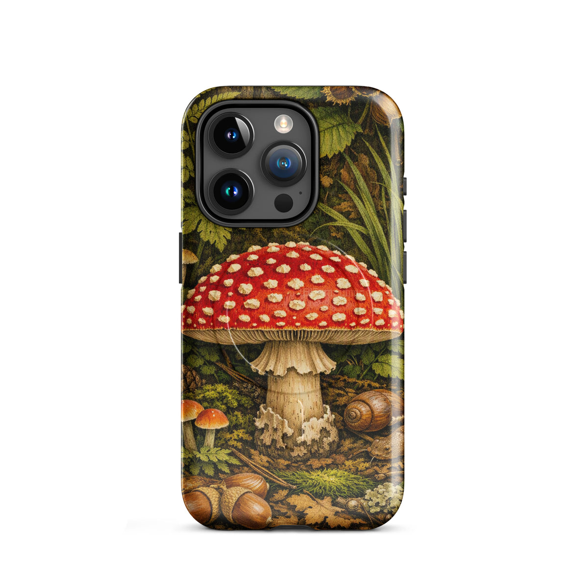 Magnetic Phone Case featuring Amanita muscaria mushroom design with red cap and white spots, inspired by forest magic.
