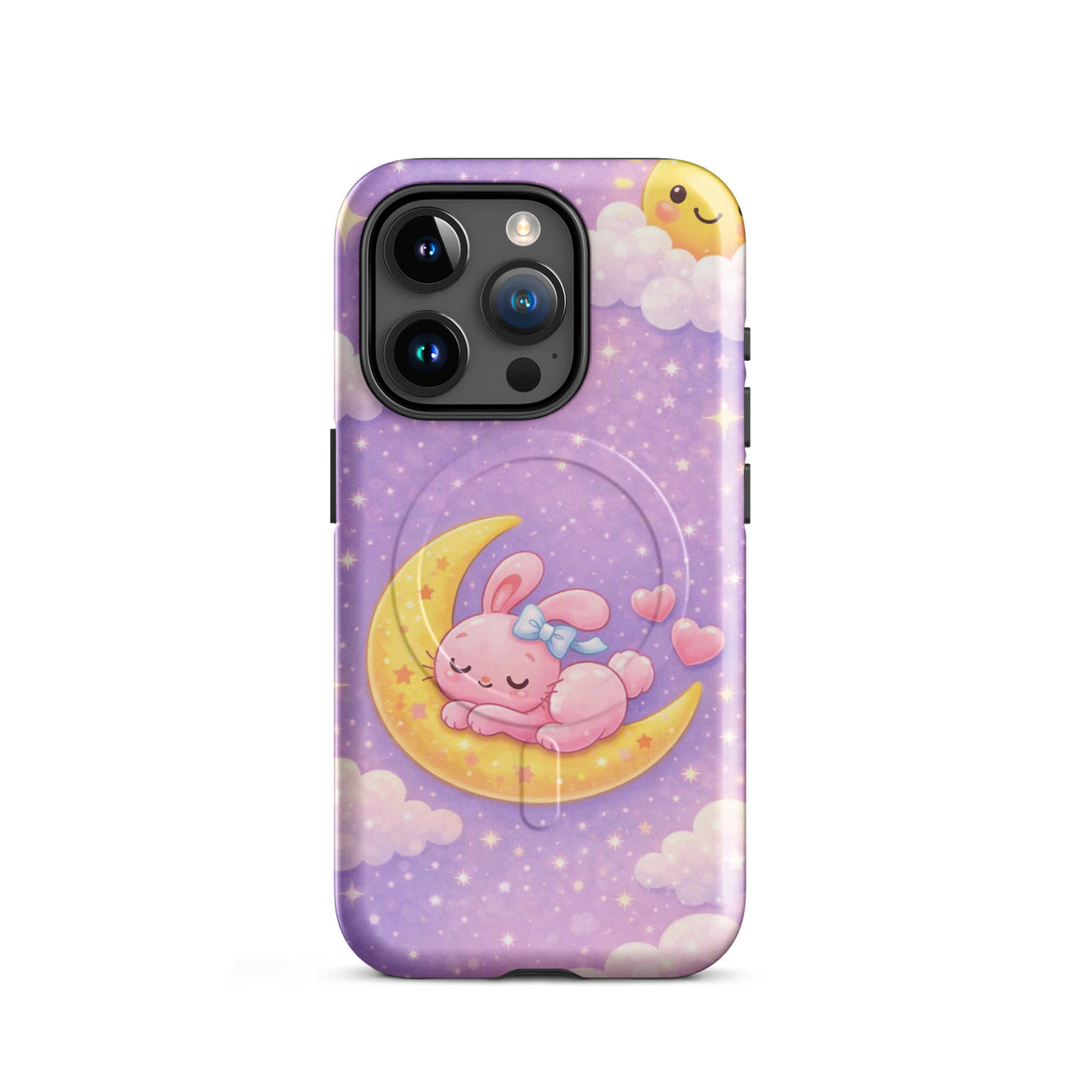 Magnetic Phone Case for iPhone with dreamy bunny moon design, pastel nighttime sky, cozy celestial protection.