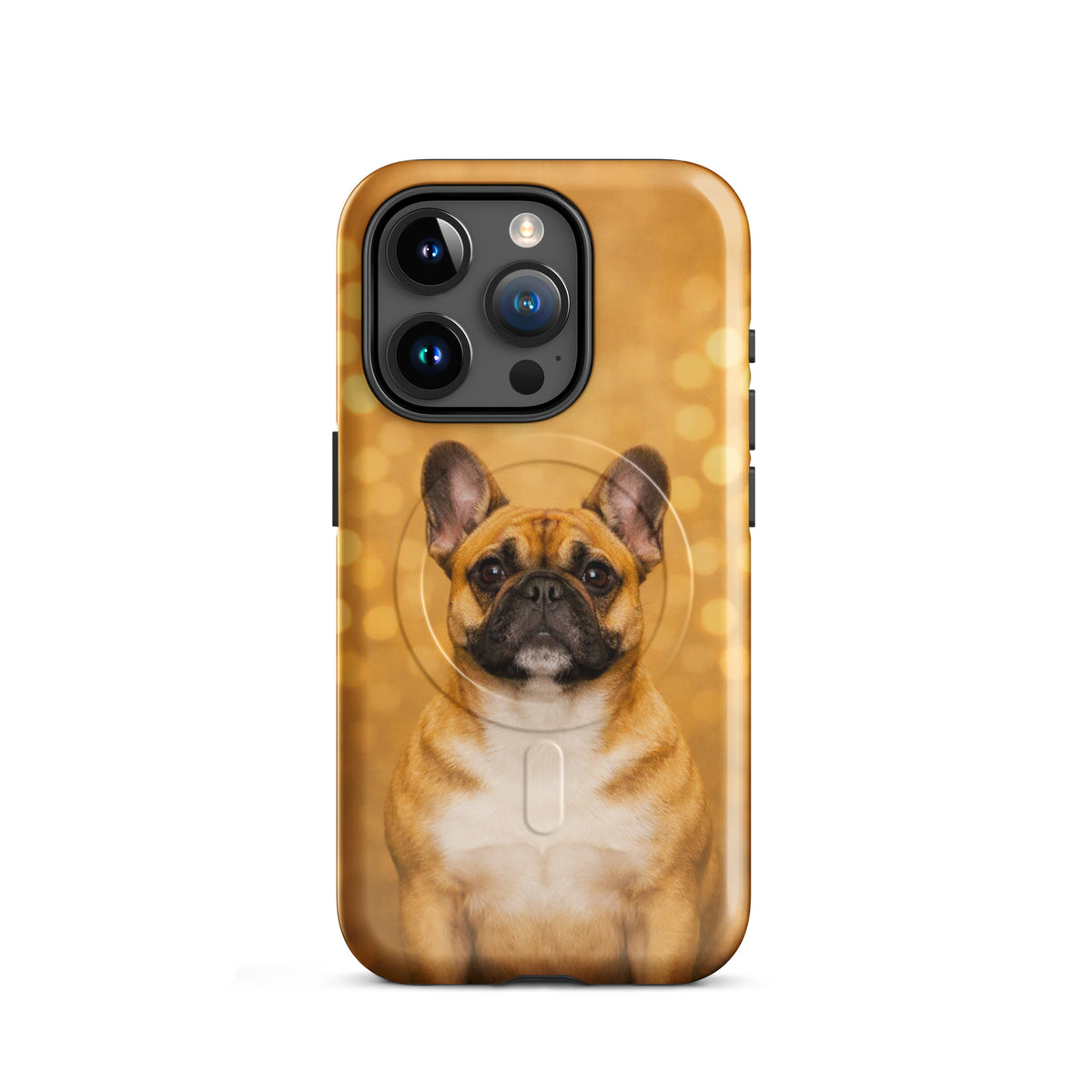 Magnetic Phone Case featuring French Bulldog portrait on golden bokeh background for dog lovers and iPhone users.