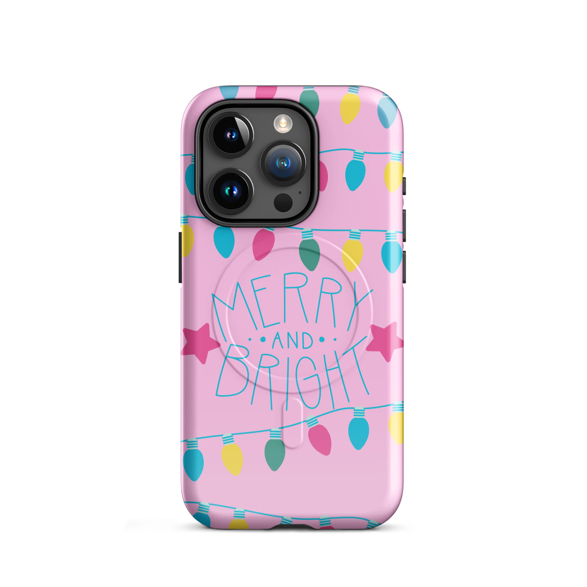 Magnetic Phone Case with holiday lights and 'Merry and Bright' on pink background.