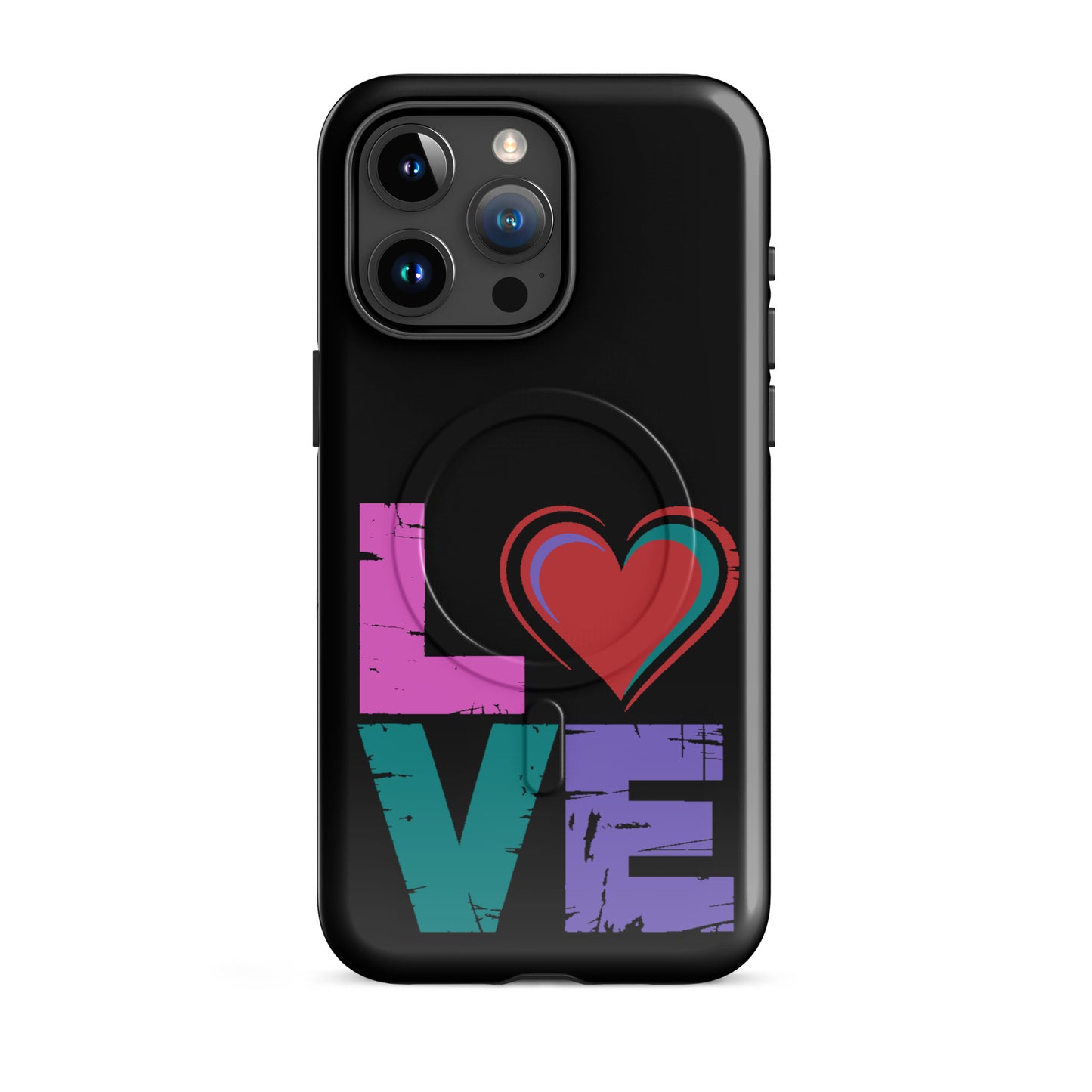 Love Magnetic Dual-Layer Tough Case for iPhone featuring vibrant 'LOVE' design with hearts.