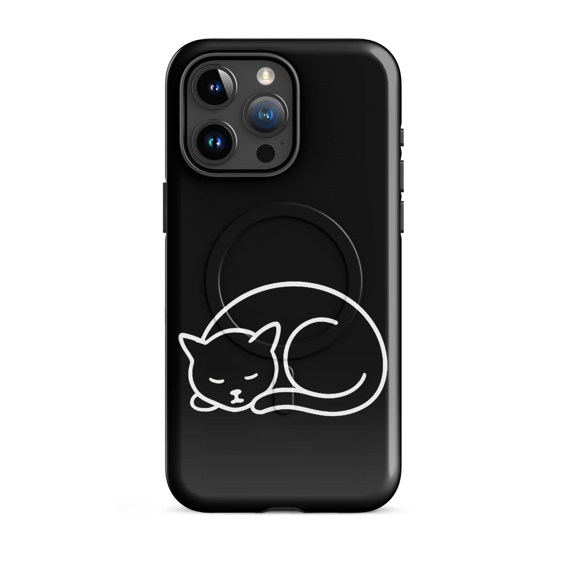 Magnetic Phone Case for iPhone featuring a minimalist curled-up cat design in white on a black background.