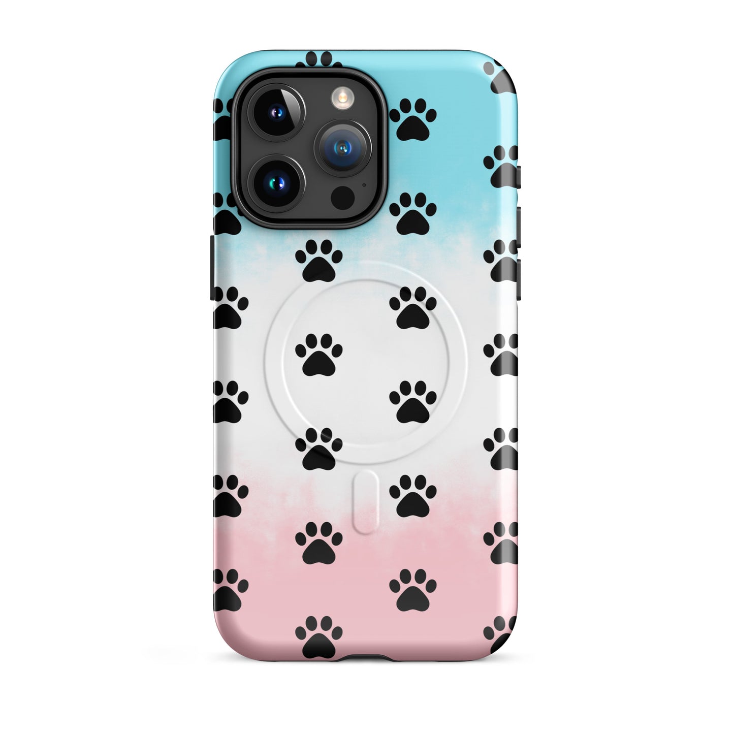 Magnetic Phone Case featuring paw print design for pet lovers in blue and pink colors.