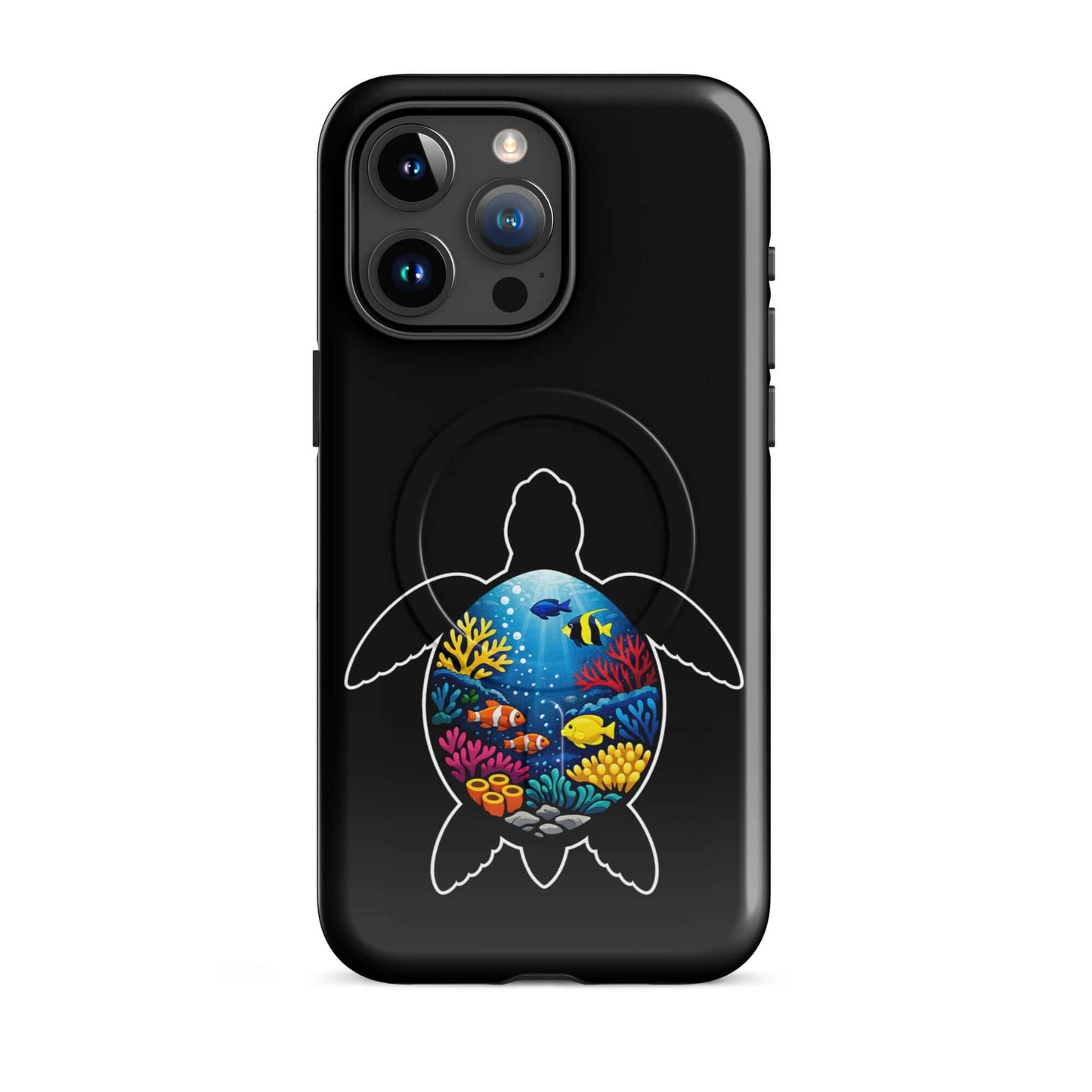 Magnetic Phone Case featuring a vibrant sea turtle reef design on a sleek black background.
