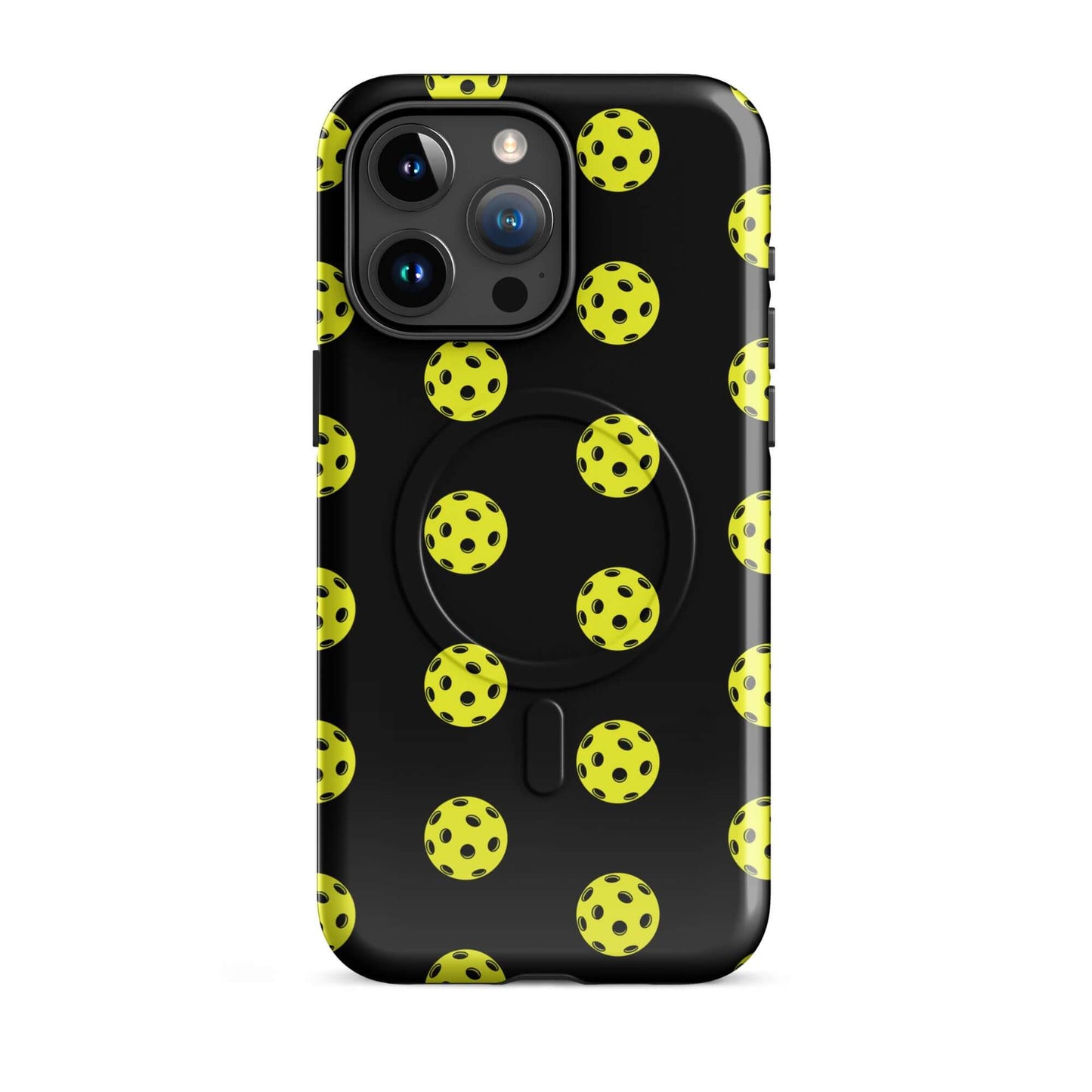 Magnetic Phone Case featuring a playful pickleball pattern in yellow on a black background.