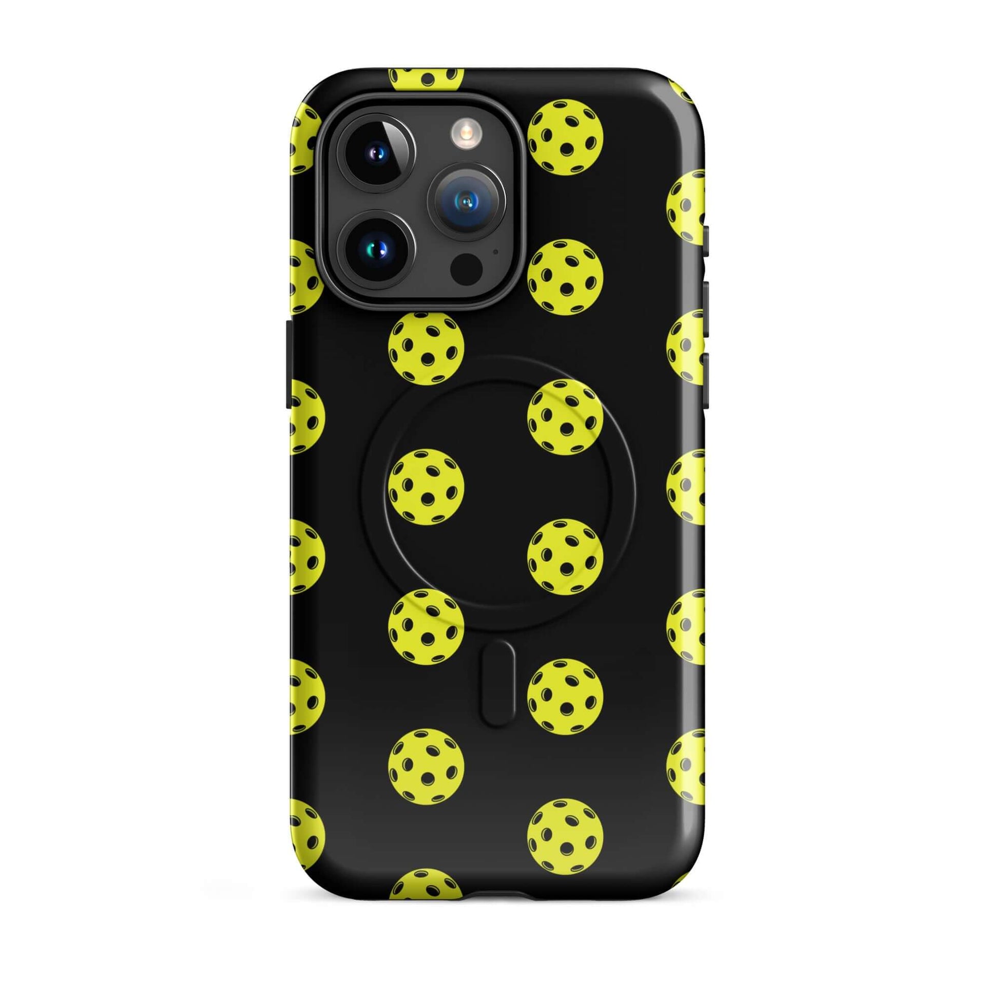 Magnetic Phone Case featuring a playful pickleball pattern in yellow on a black background.
