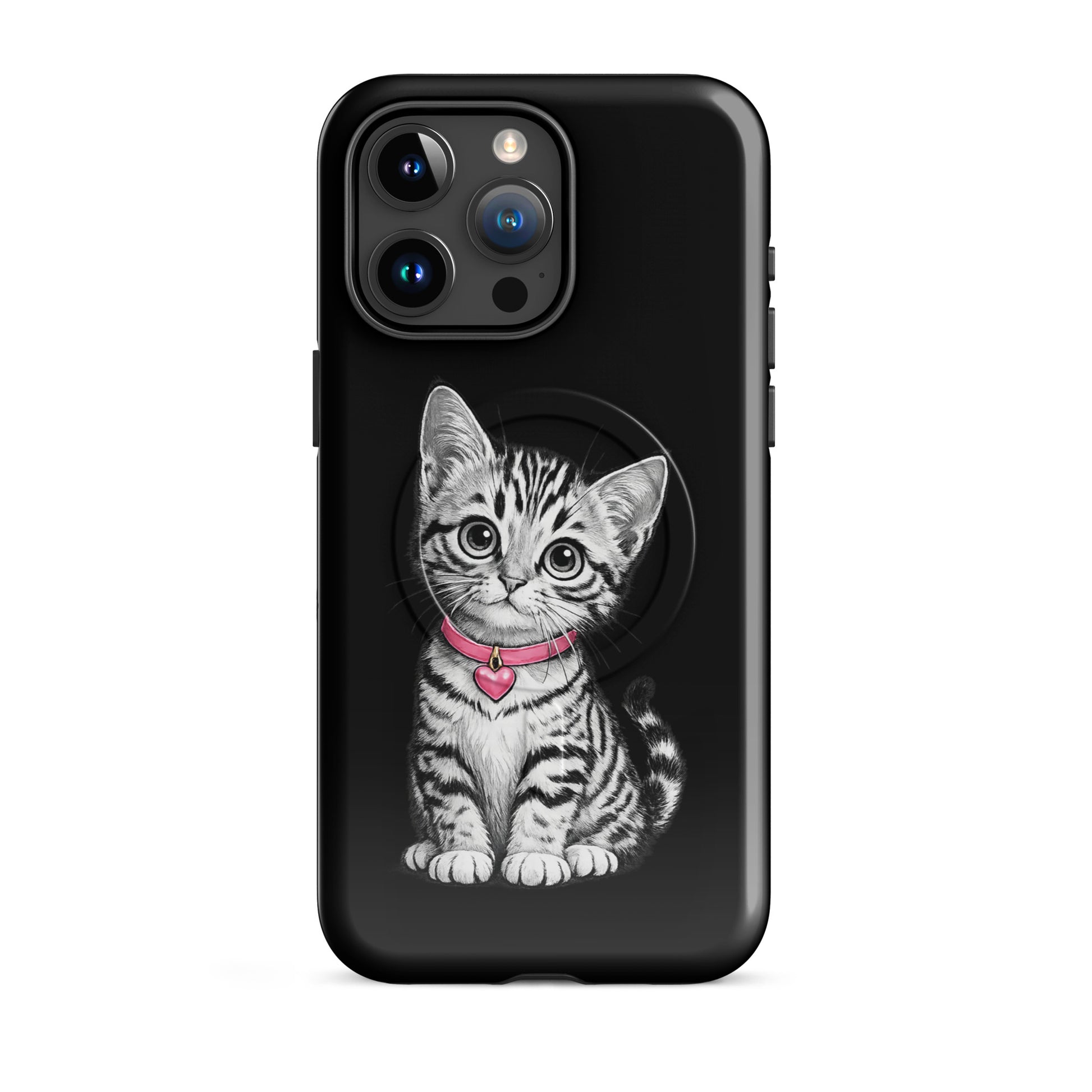 Magnetic Phone Case for iPhone with sketch kitten design, pink collar, and heart charm.