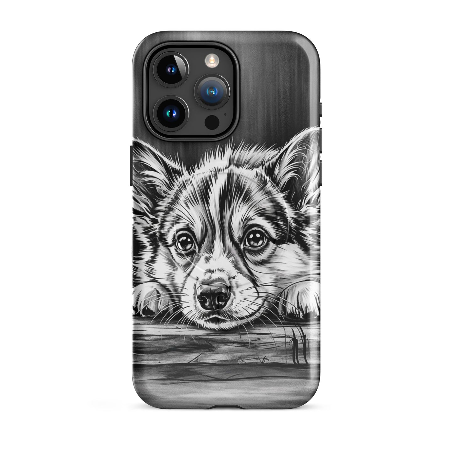 Magnetic Phone Case with elegant puppy art, offering premium protection with a black-and-white design on aged wood texture for iPhone.