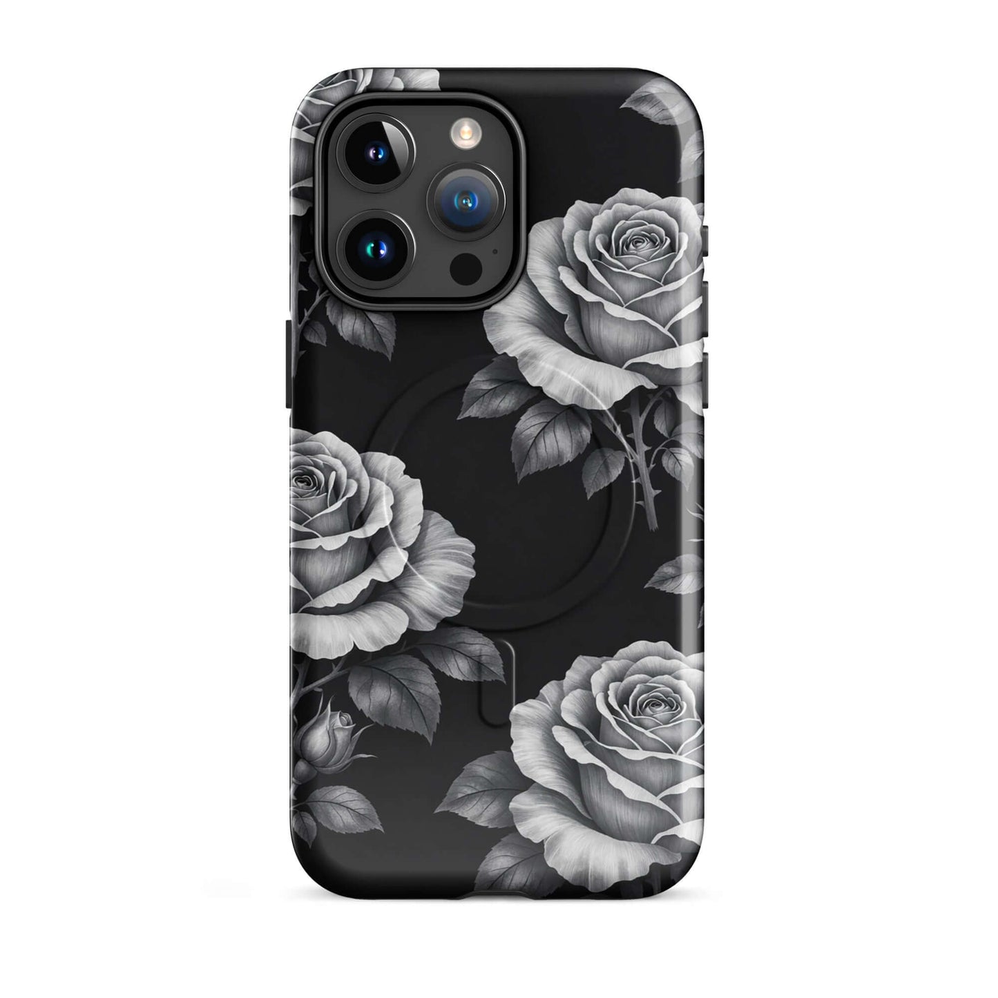Magnetic Phone Case featuring a rose garden design with sketched roses and leaves on a black background for iPhone.