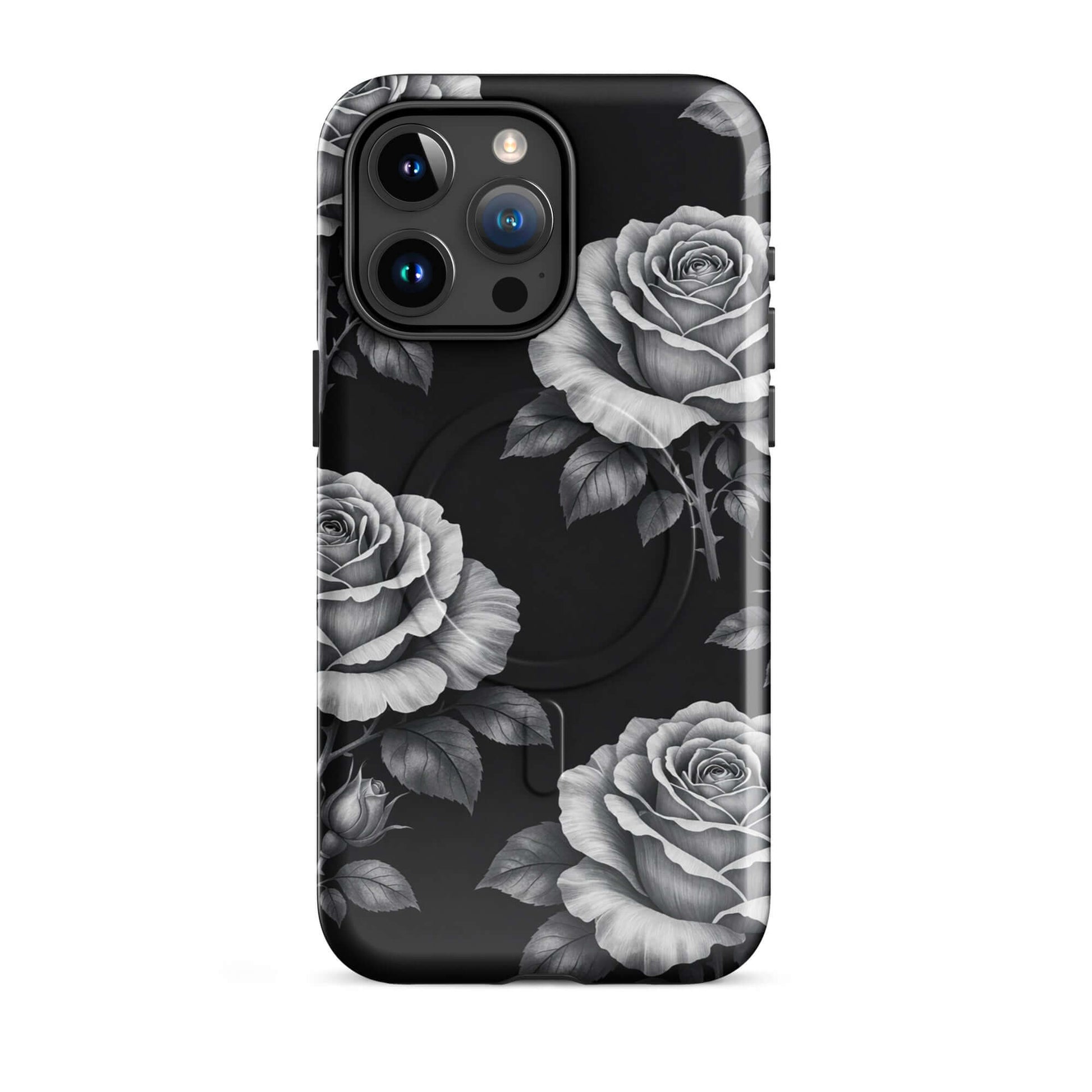 Magnetic Phone Case featuring a rose garden design with sketched roses and leaves on a black background for iPhone.