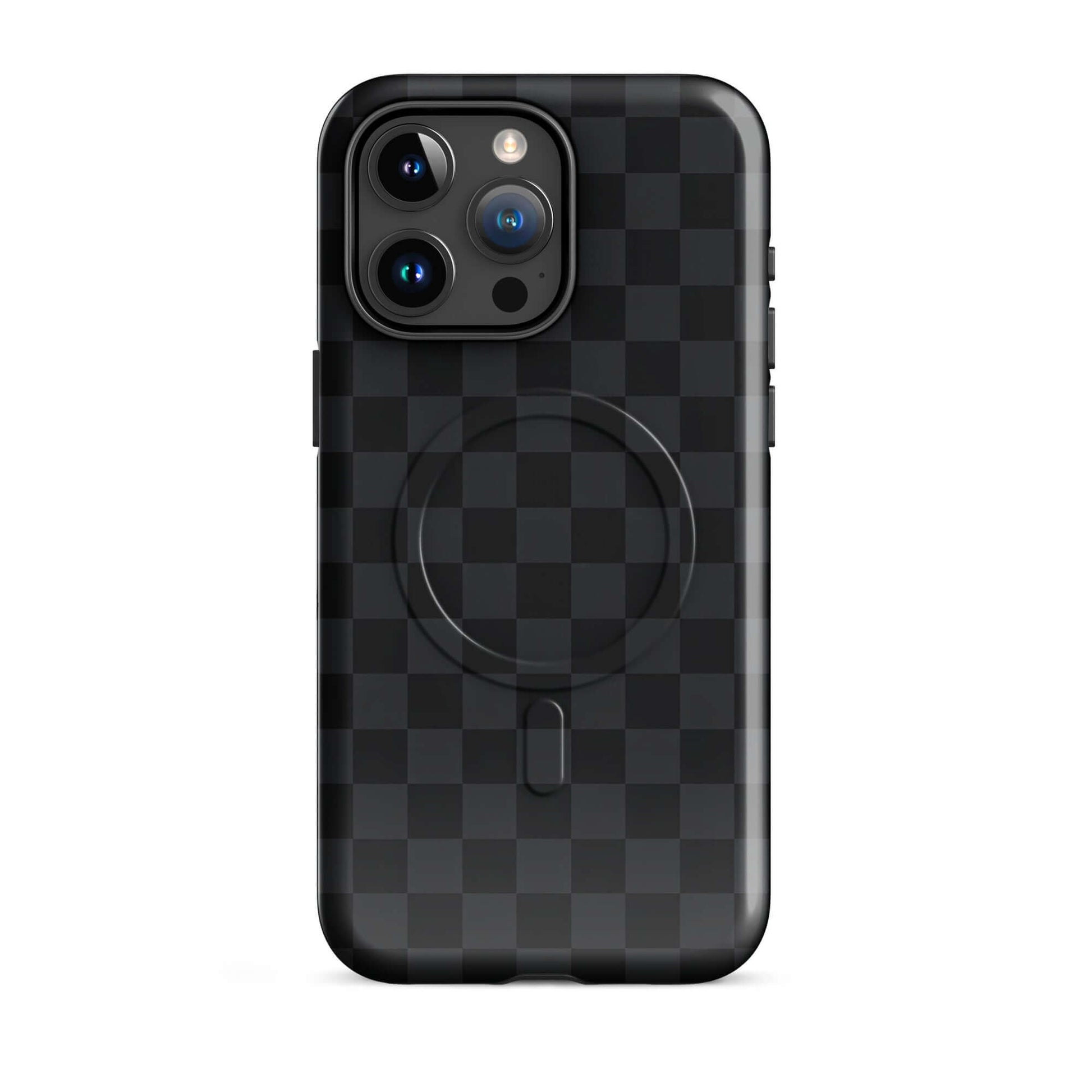 Magnetic Phone Case for iPhone with black and charcoal checkered design, sleek and protective, modern accessory for everyday use.