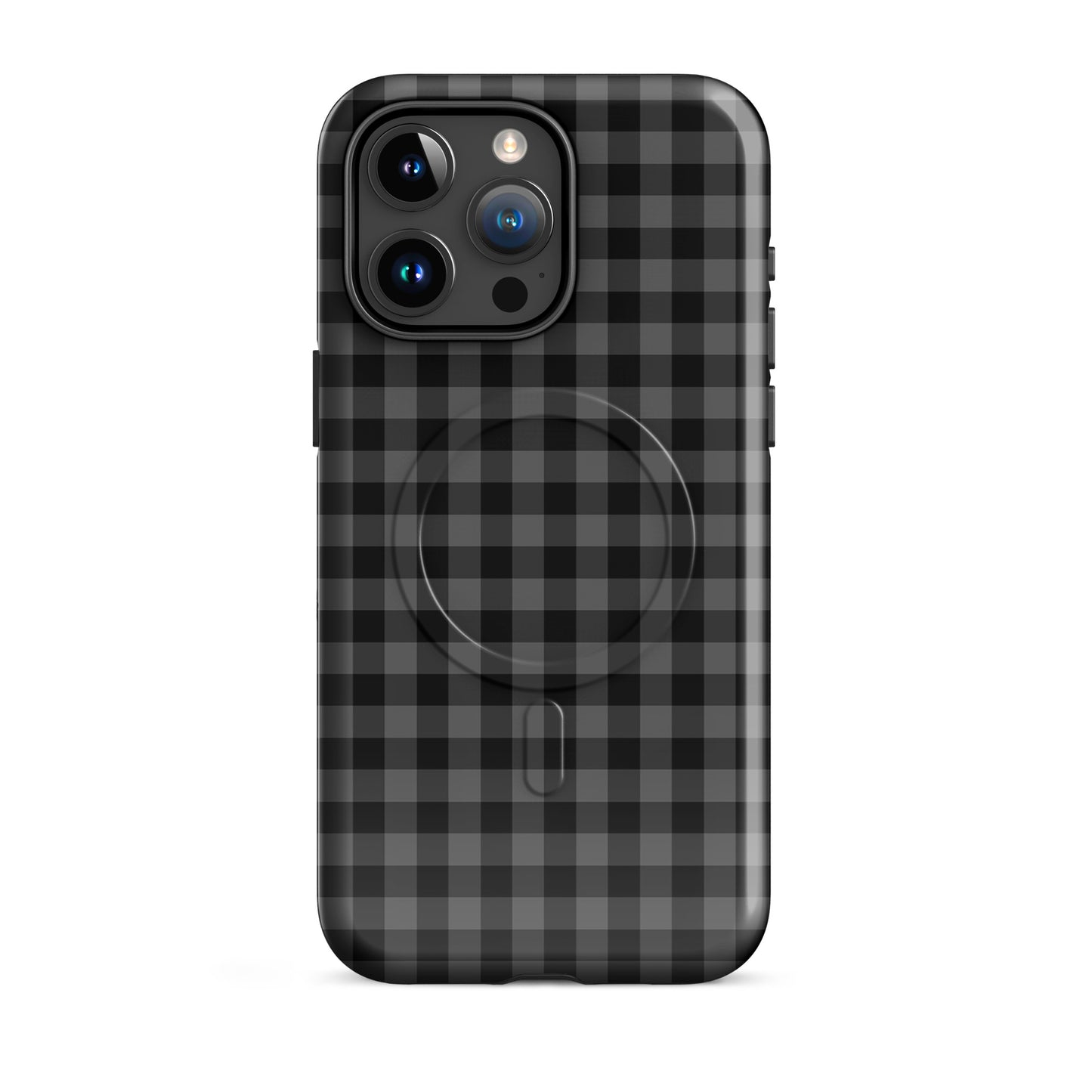 Magnetic Phone Case for iPhone with black-and-charcoal gingham pattern, offering modern style and protection.
