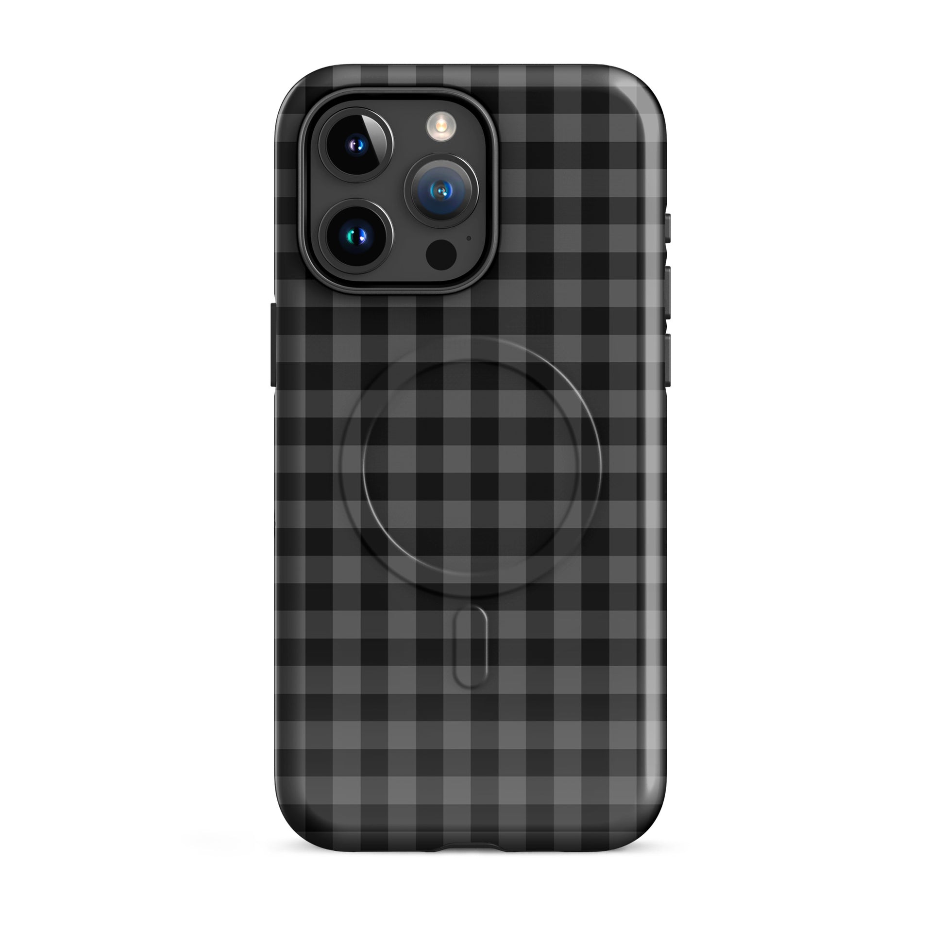 Magnetic Phone Case for iPhone with black-and-charcoal gingham pattern, offering modern style and protection.