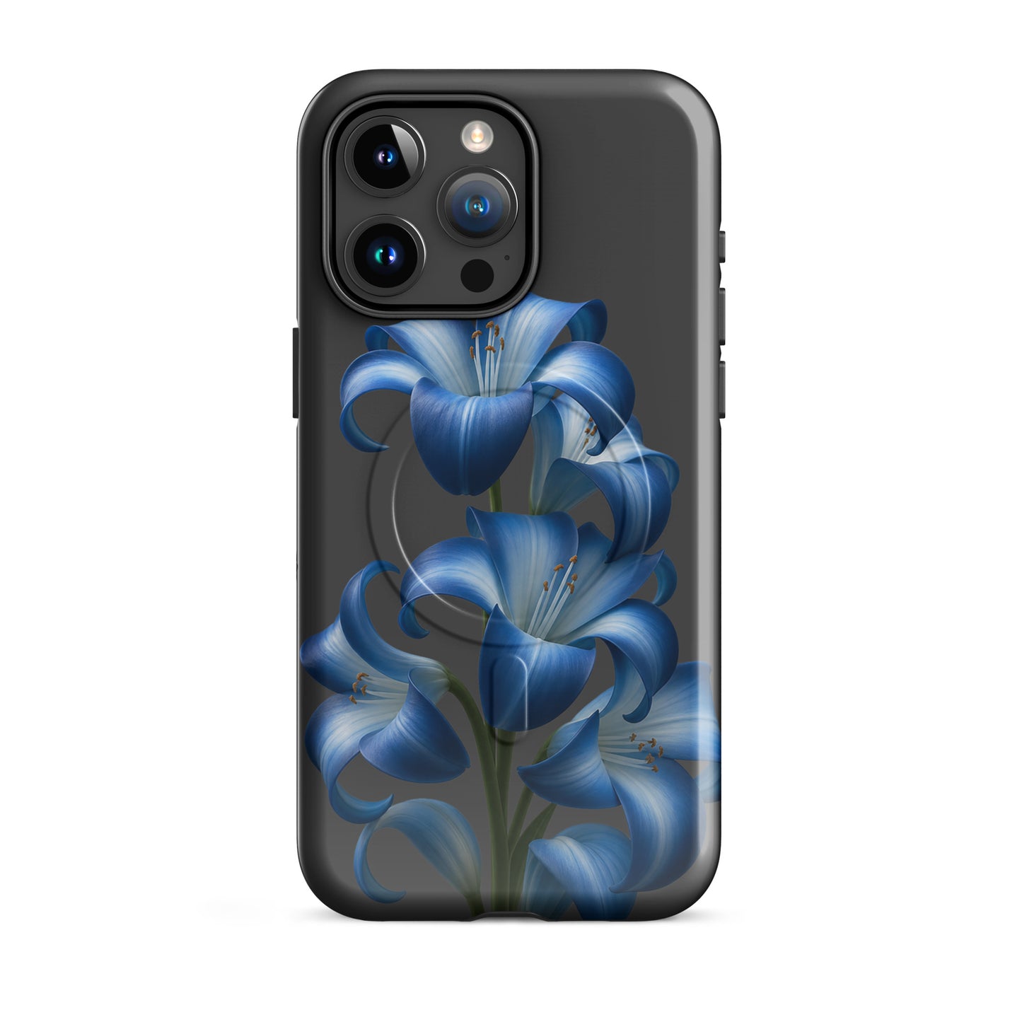 Magnetic Phone Case for iPhone with blue lily bloom art, vibrant floral design on dark backdrop.