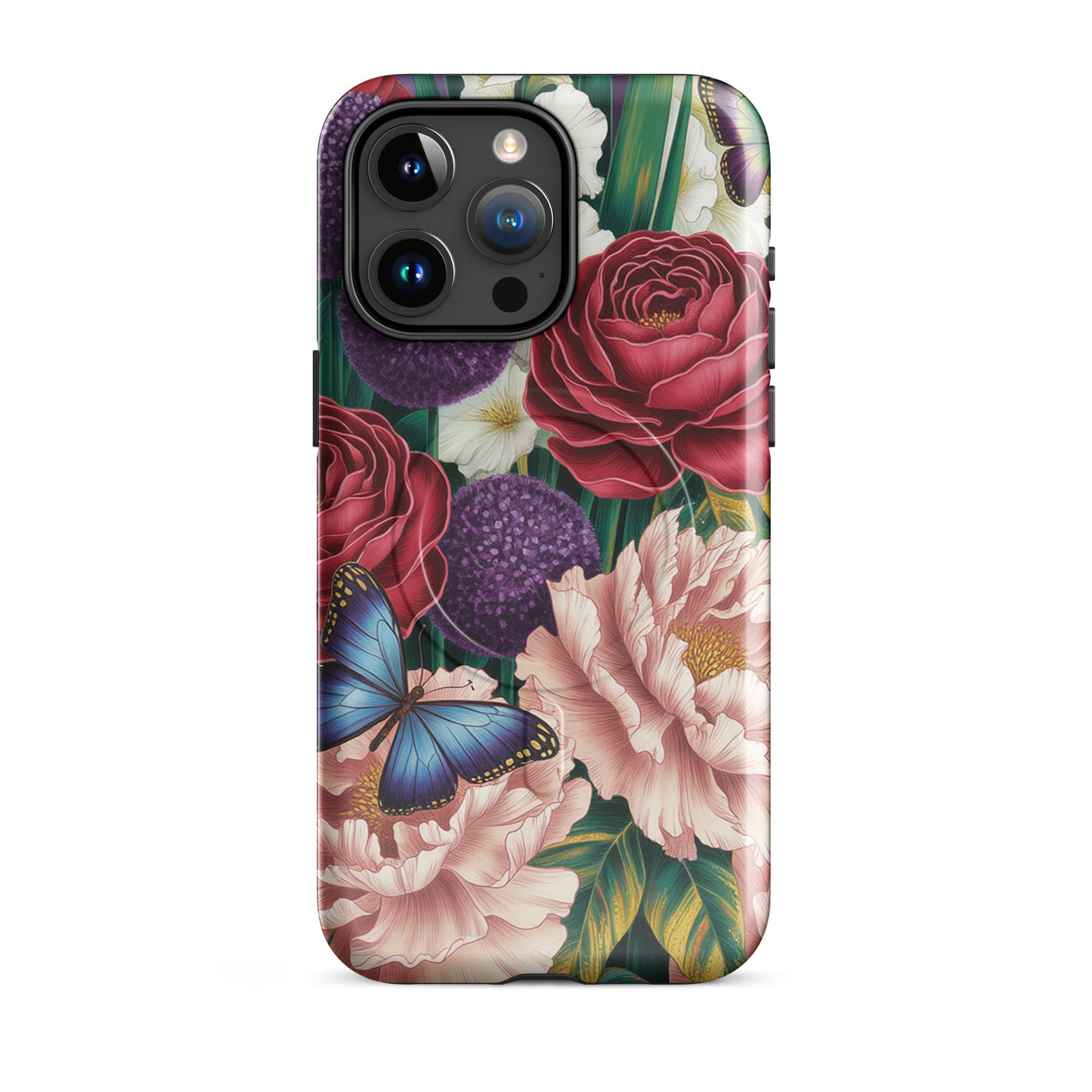 Magnetic Phone Case for iPhone with floral design, featuring crimson roses, pink peonies, purple alliums, and sapphire-blue butterflies.