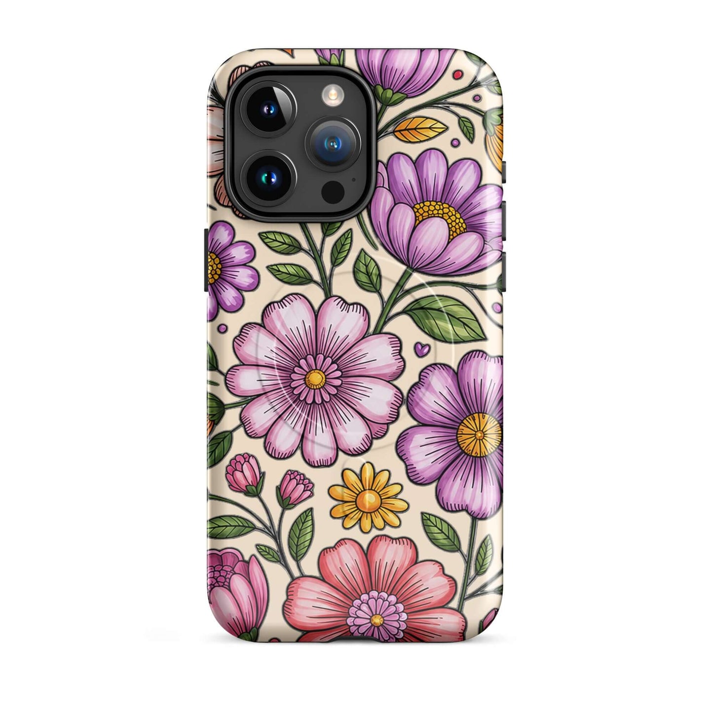 Magnetic Phone Case with pastel floral design in pink, peach, lavender, and yellow on a durable polycarbonate shell.