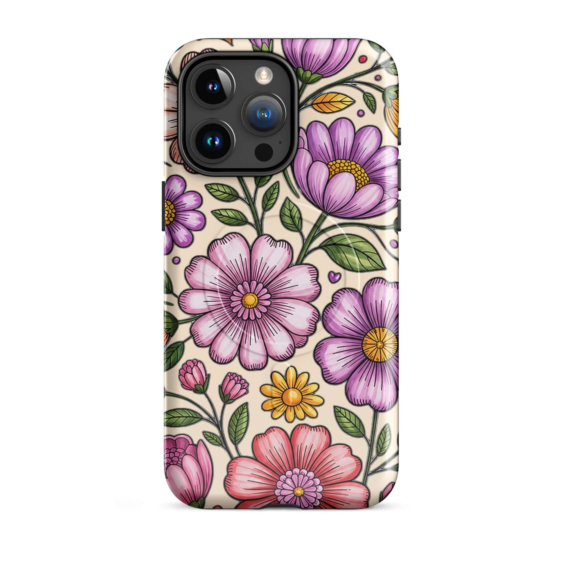 Magnetic Phone Case with pastel floral design in pink, peach, lavender, and yellow on a durable polycarbonate shell.
