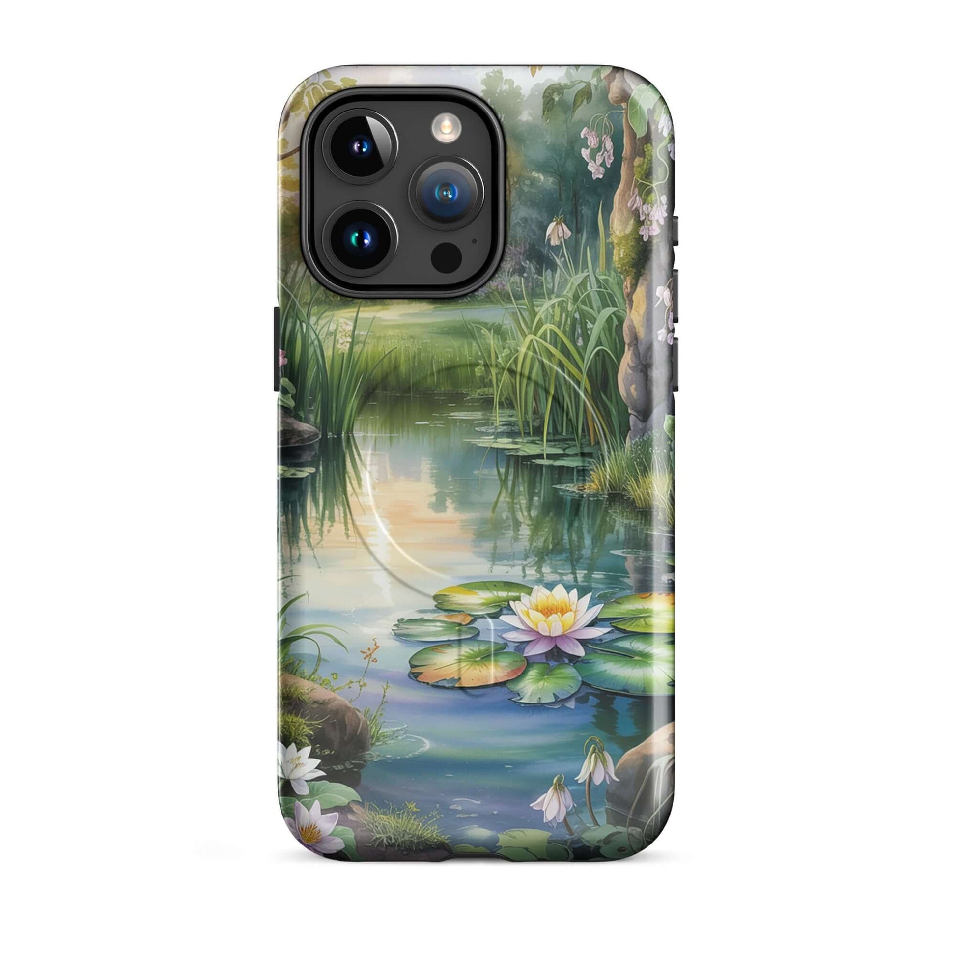 Magnetic Phone Case for iPhone with enchanted pond design, featuring lily-dotted pond and lush greenery, perfect for nature lovers.